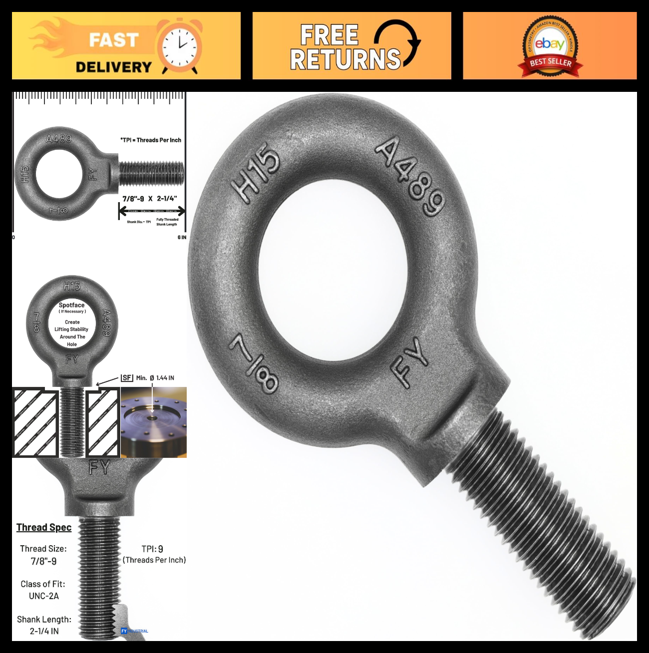 Heavy-Duty Lifting Shoulder Eye Bolt 7/8"-9 x 2-1/4" for Secure Rigging & Hoisti0