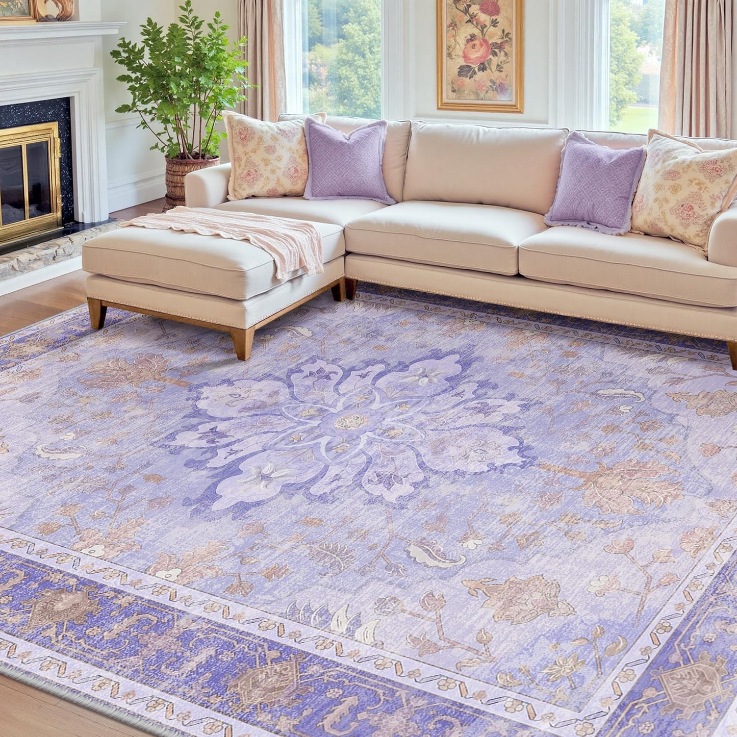 Washable 8'x10' Area Rug   Purple Vintage Floral, Non Slip, Pet Friendly, Easy C0