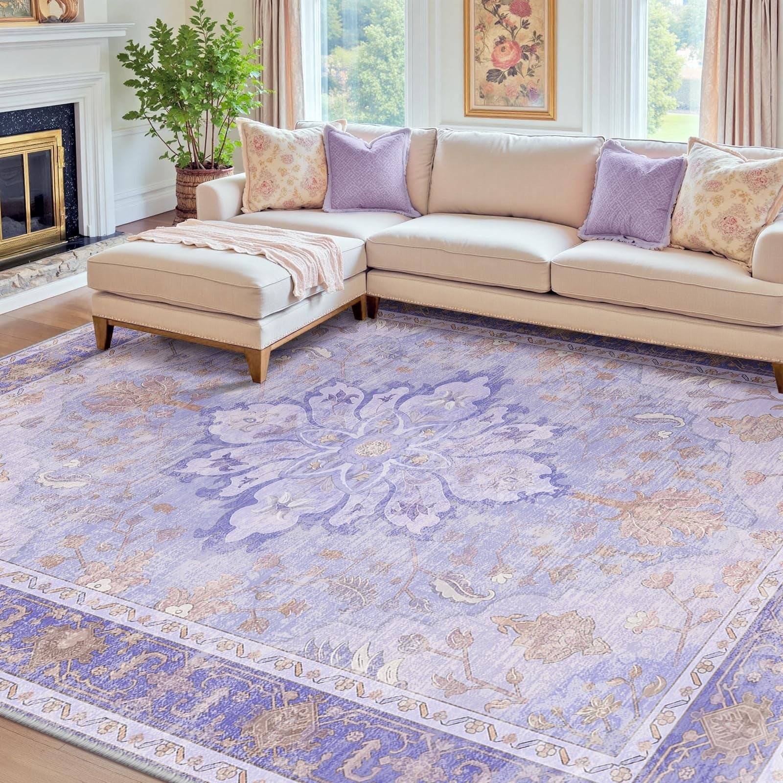 Washable 8'x10' Area Rug   Purple Vintage Floral, Non Slip, Pet Friendly, Easy C0