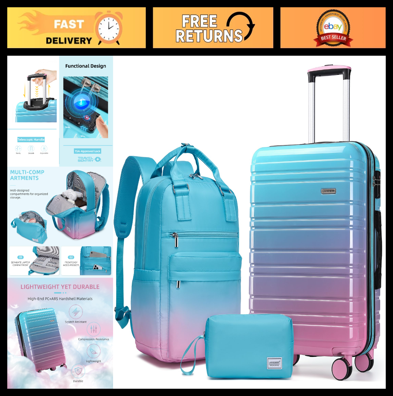 3-Piece Carry-On Luggage Set, 20" Suitcases, Airline Approved, Hardshell, 360° W0