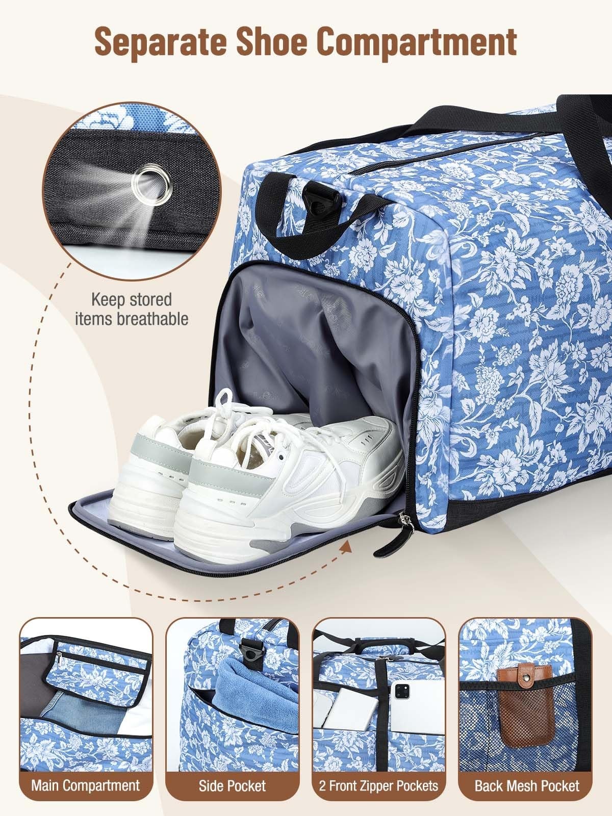 Large Foldable Travel Duffle Bag for Women - 80L, Weekend Carry-On, Shoe Compart3
