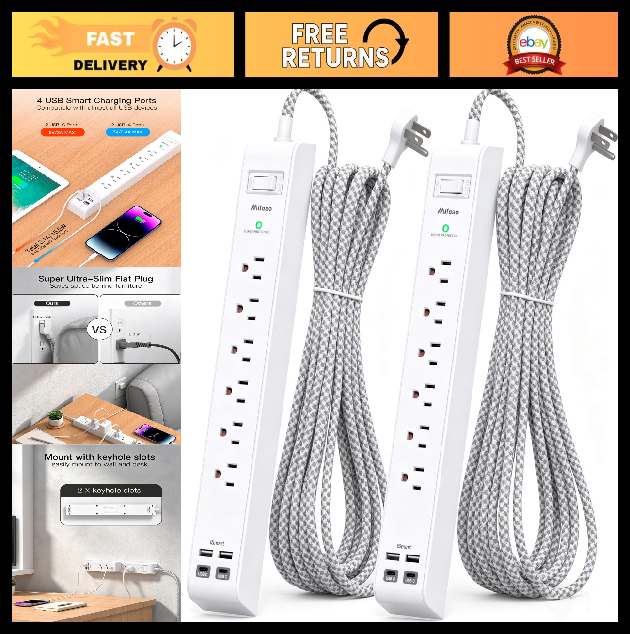 15Ft Extension Cord 2 Pack, Surge Protector Power Strip with Flat Plug, 3 Outlet0