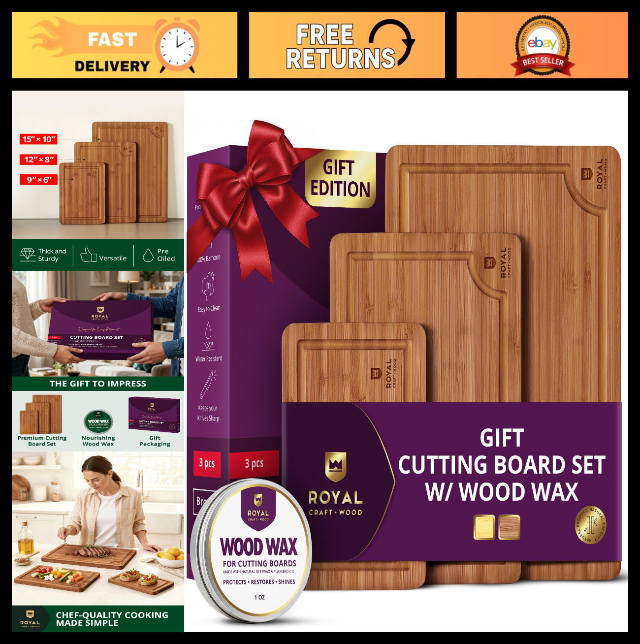 Wooden Cutting Boards Set   Bamboo Kitchen Prep & Serving Board with Juice Groov0