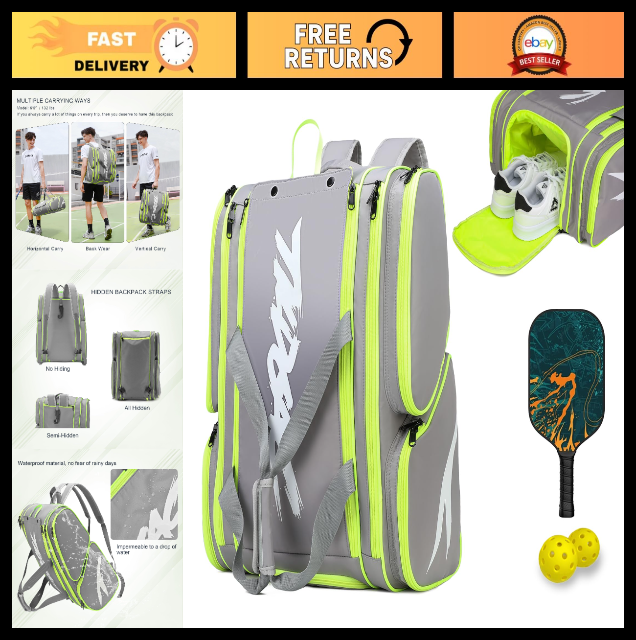 Large Pickleball Paddle Bag for 4 Paddles, Accessories, Shoe Compartment & Hook0