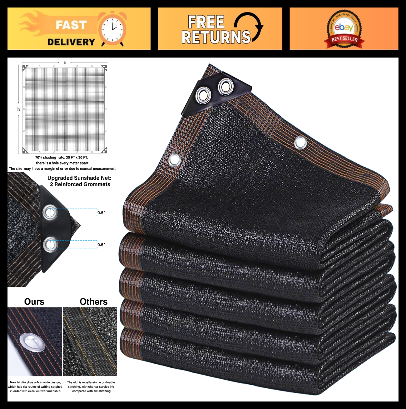 30x30 FT Black Shade Cloth - 70% Sun Protection Mesh Tarp for Garden, Greenhouse0