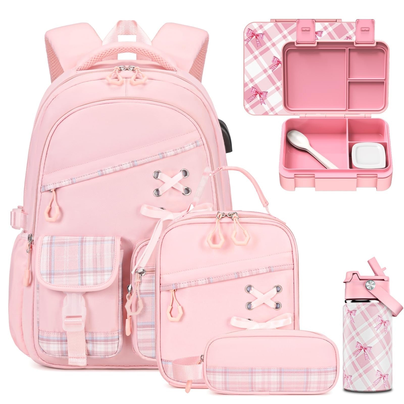 9PCS Girls Backpack Set with Lunch Bag, Pencil Case, Bento Box & Water Bottle  1