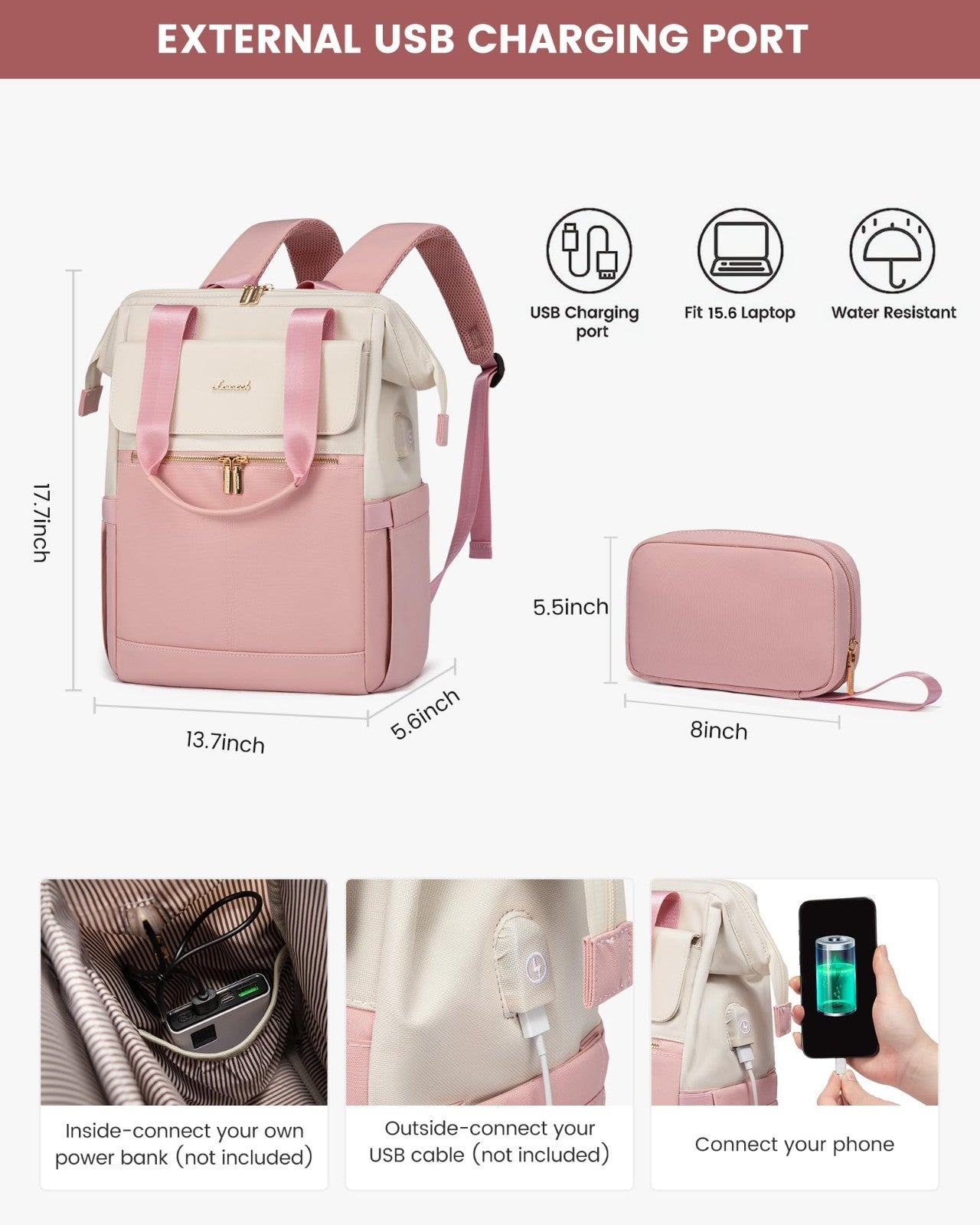 Stylish 15.6" Laptop Backpack for Women, USB Port, Waterproof Travel Bag, 2PCS2