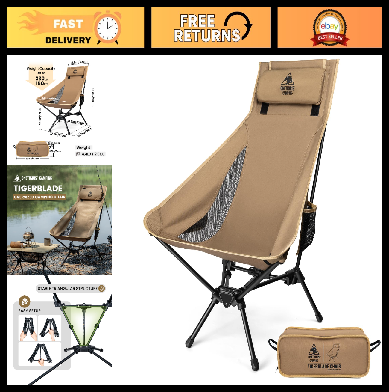 Comfortable High Back Folding Camping Chair with Pillow, Widened Seat Design0