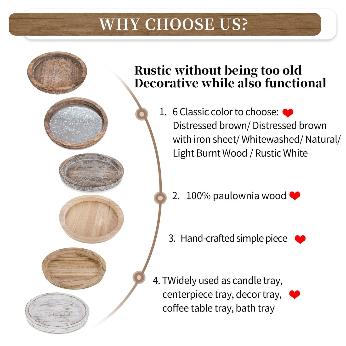 Rustic Wooden Coffee Table Tray - Round Decorative Serving Plate with Candle Hol7
