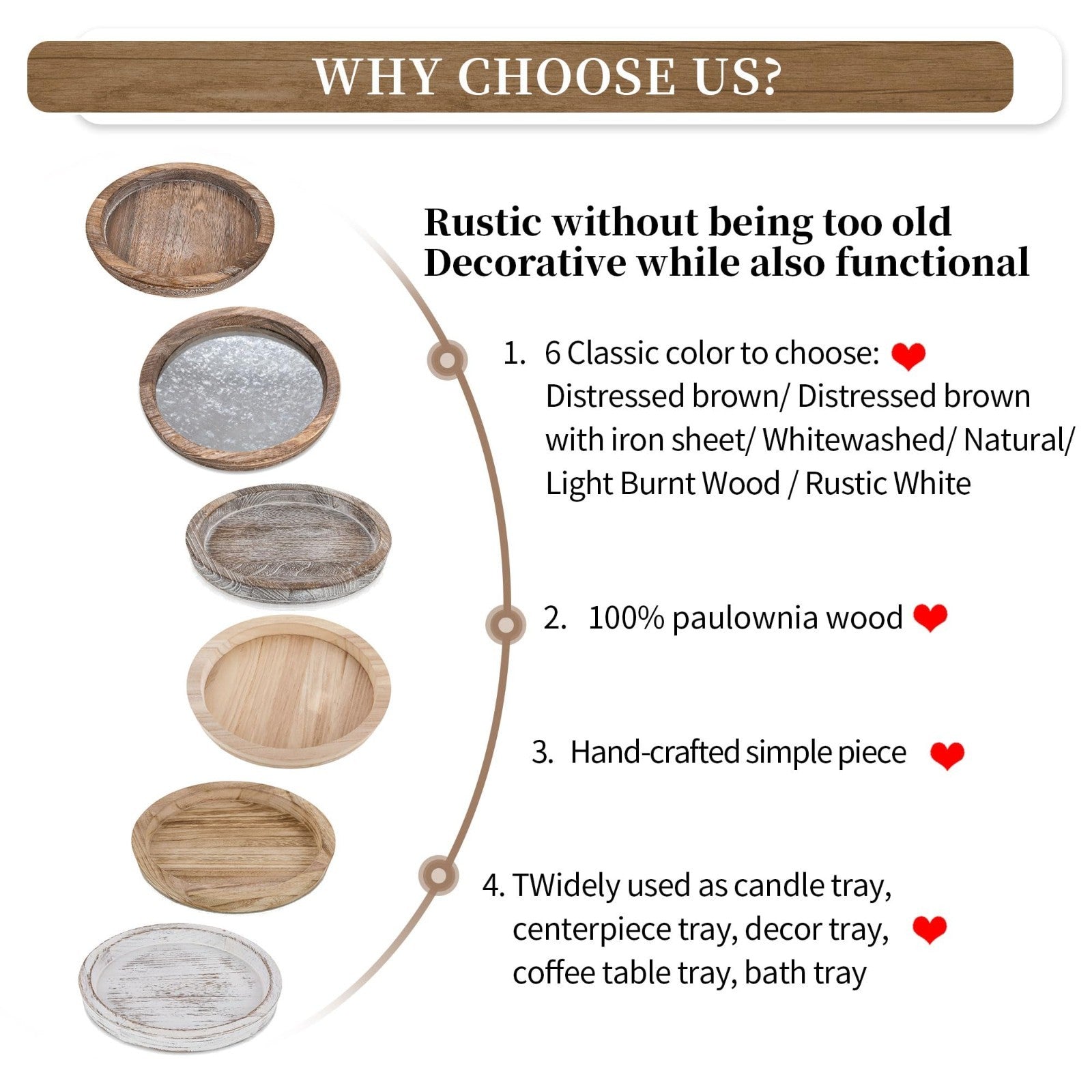 Rustic Wooden Coffee Table Tray - Round Decorative Serving Plate with Candle Hol7