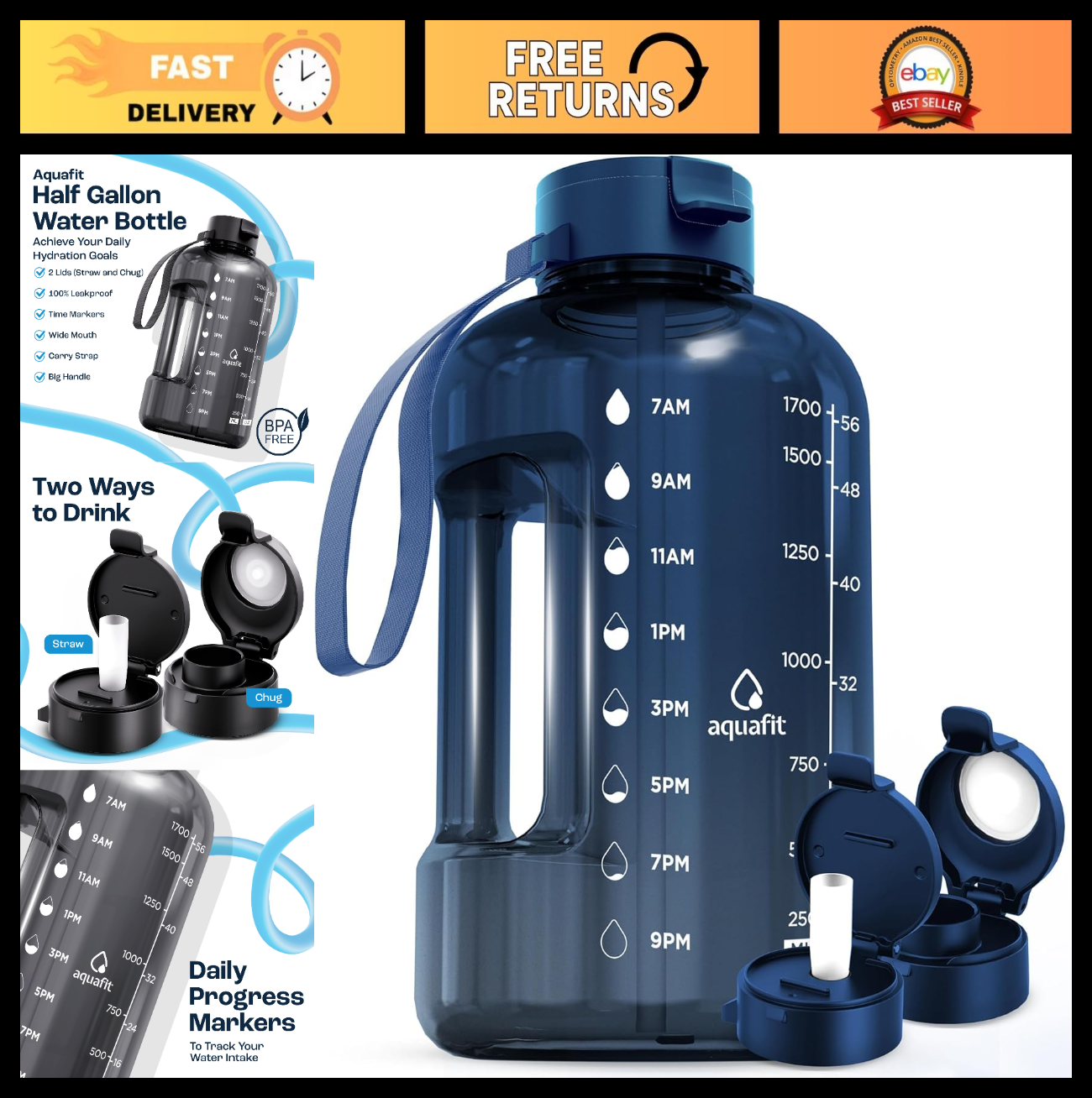 64 oz Water Bottle with Time Marker, Straw & Chug Lid - BPA Free Gym Jug0