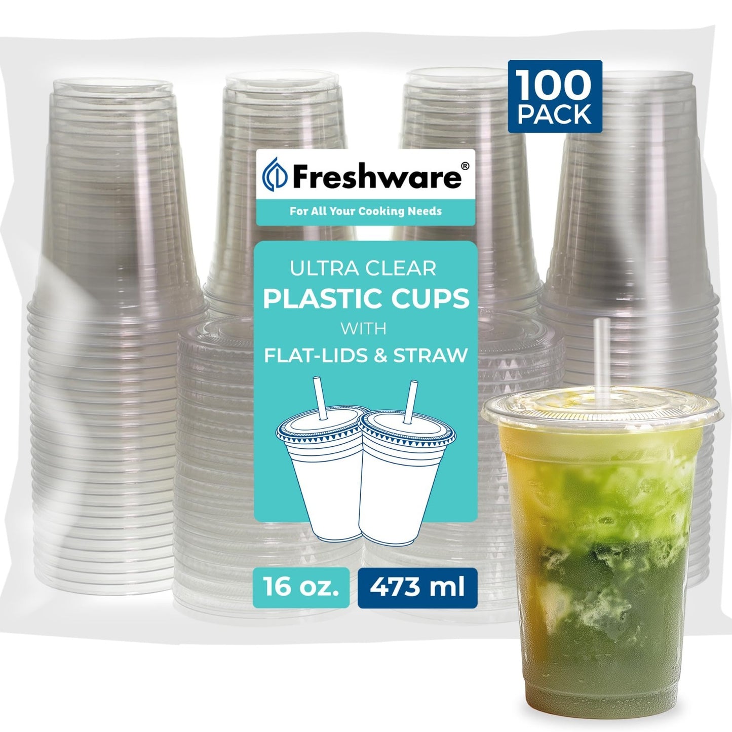 Clear Plastic Cups with Flat Lids & Straws - 100 Pack, 16 oz Disposable for Iced1