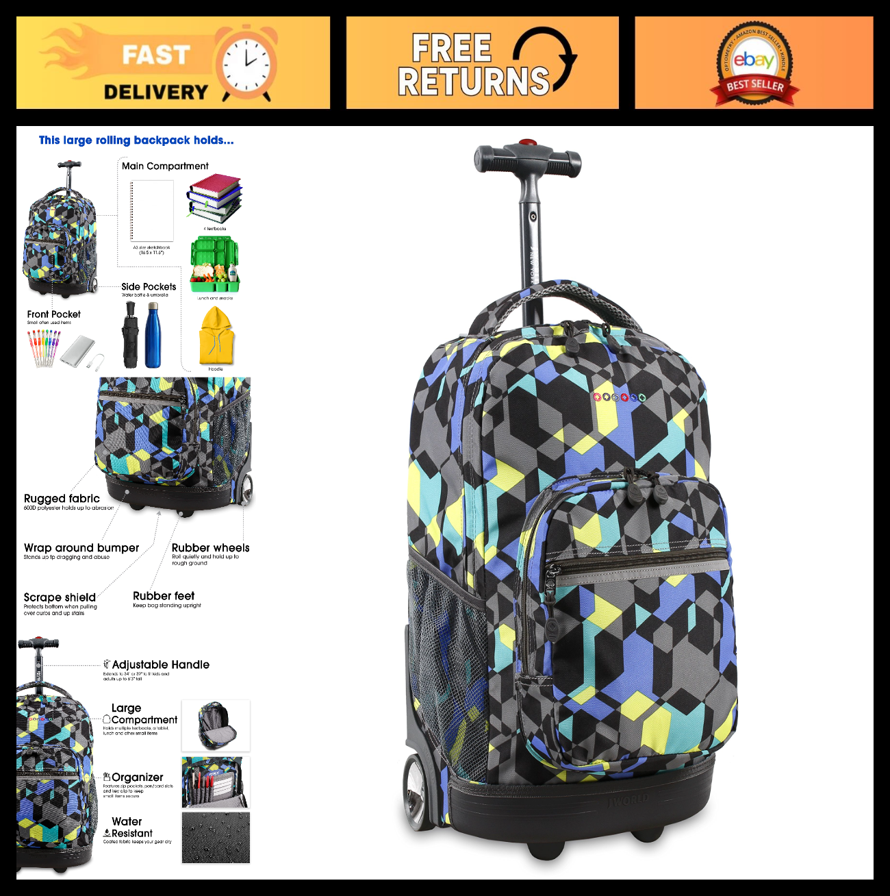 Kids Rolling Backpack with Wheels, School Roller Bookbag for Boys & Girls, 18"x10