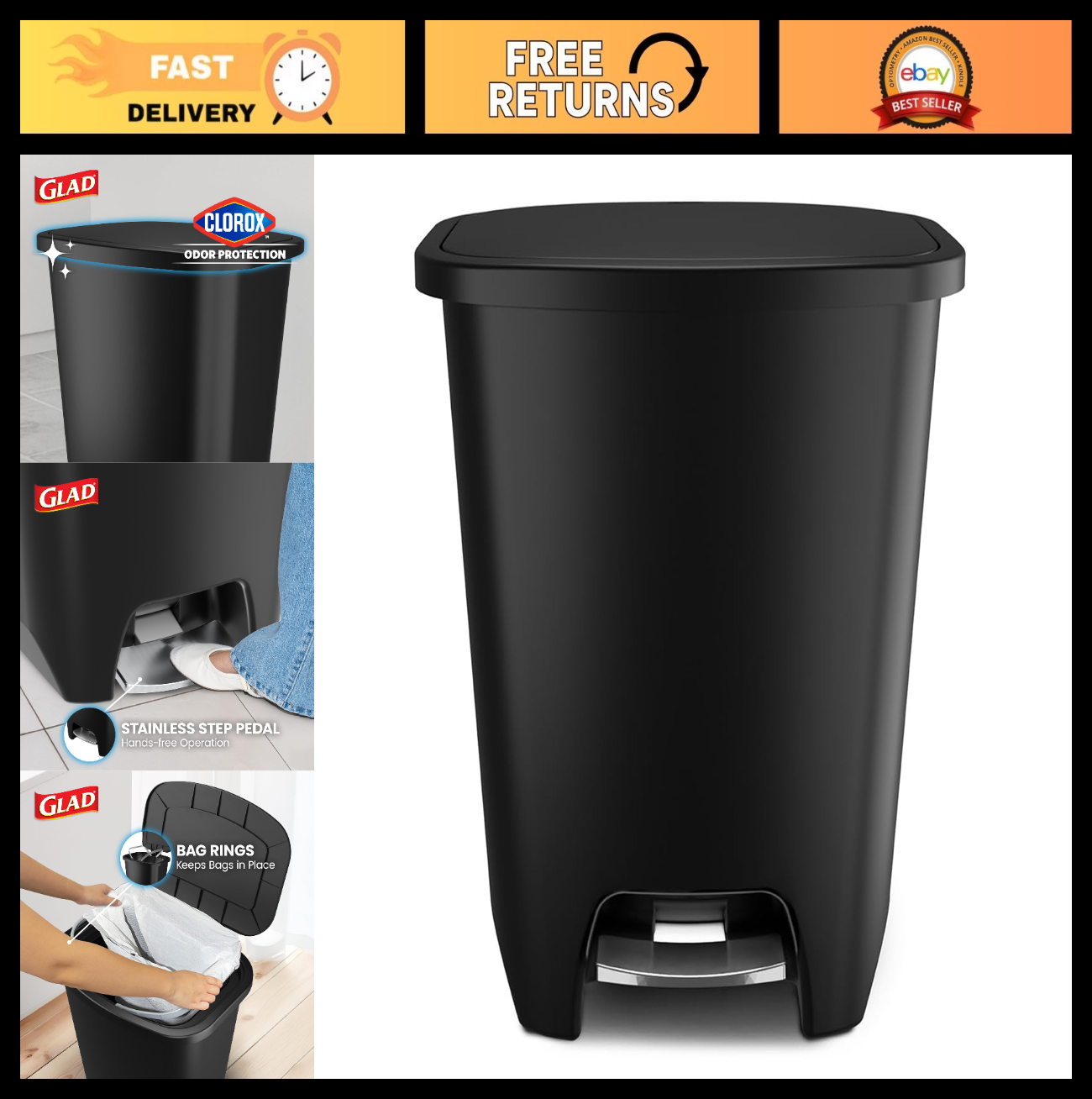 20 Gallon Kitchen Trash Can with Clorox Odor Control, Hands-Free Pedal, Black0