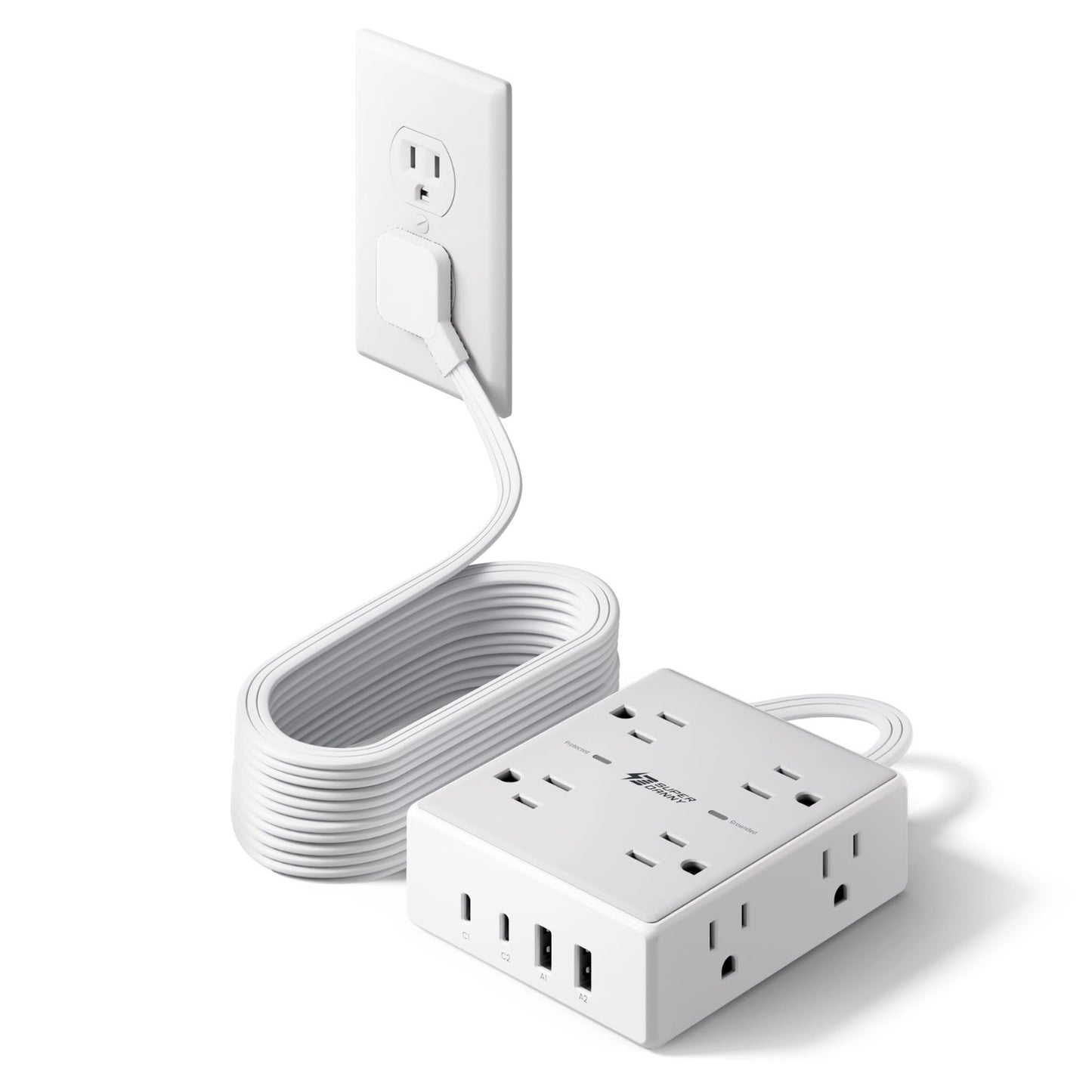 15Ft Flat Plug Extension Cord with Surge Protector Power Strip   6 Outlets0