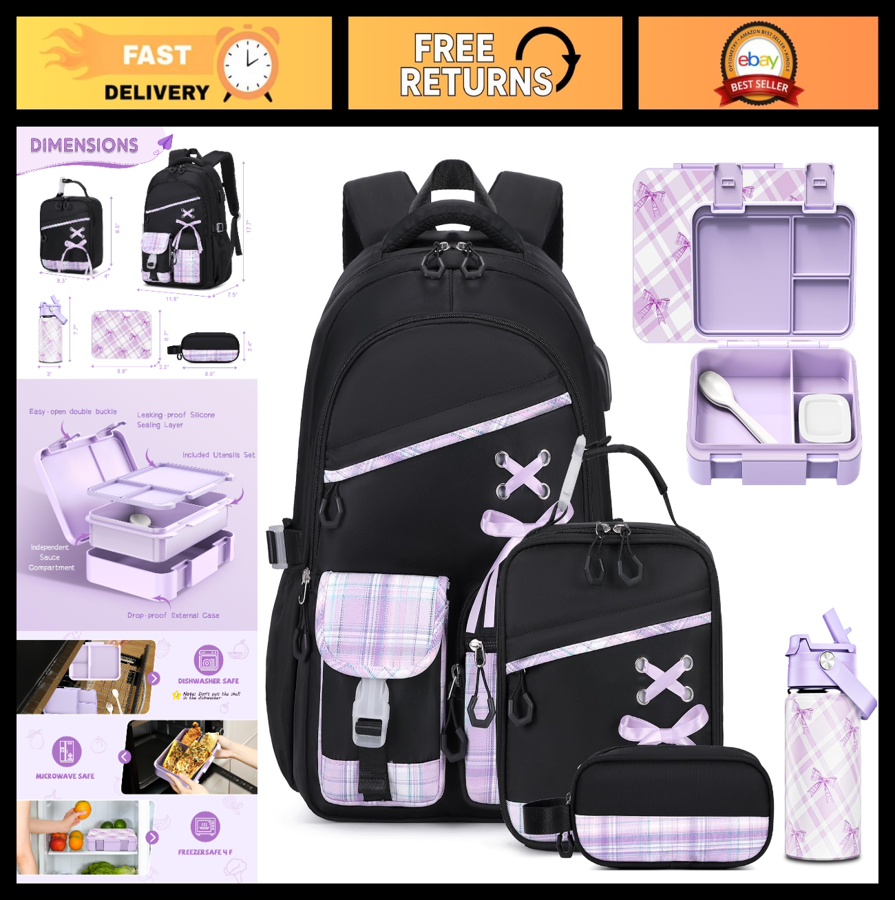 Girls Backpack Set 9PCS with Lunch Bag, Pencil Case, Bento Box & Water Bottle  0