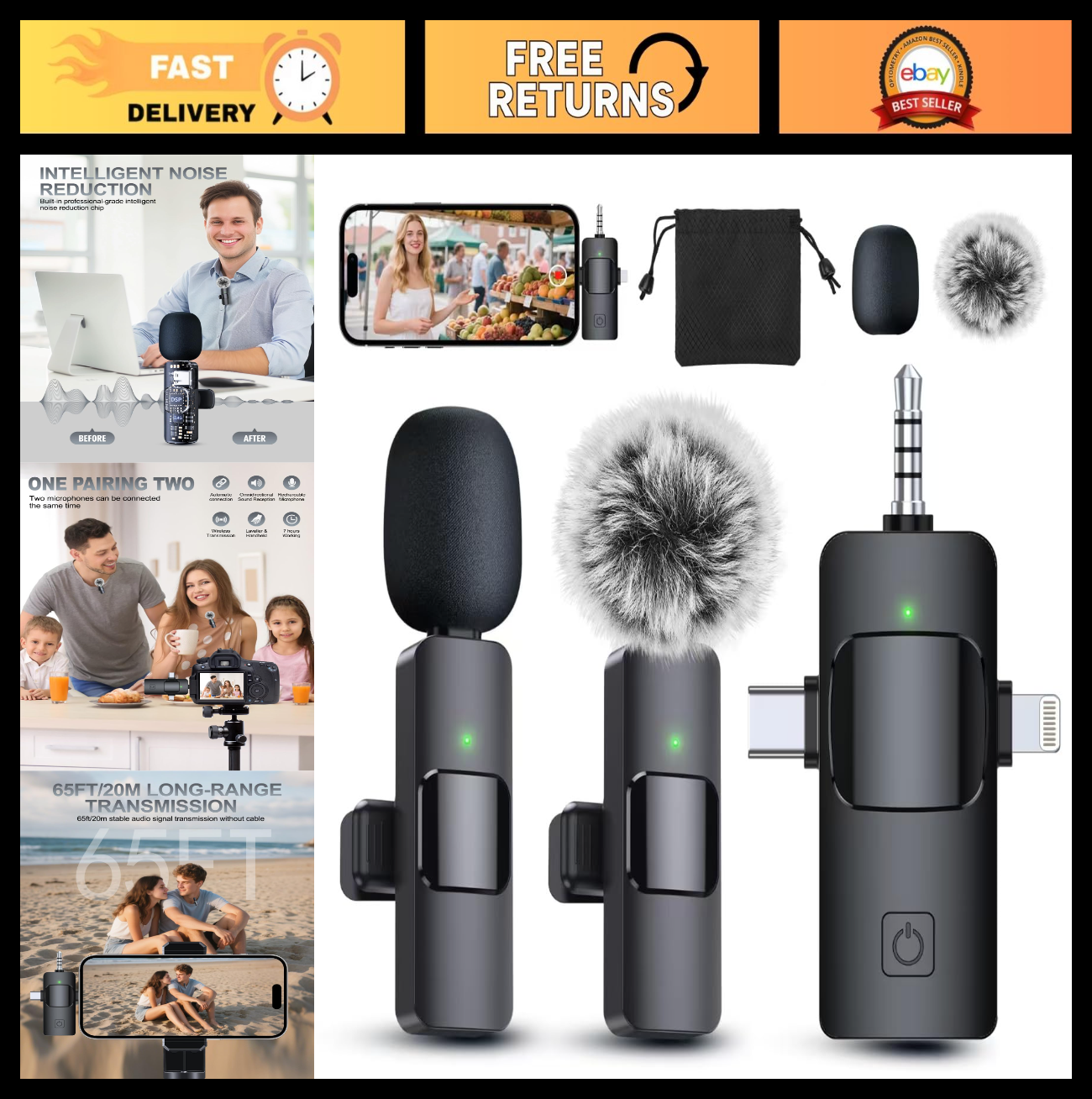 3 in 1 Wireless Lavalier Microphone for iPhone/Android/Camera   Mini Mic, Clear0