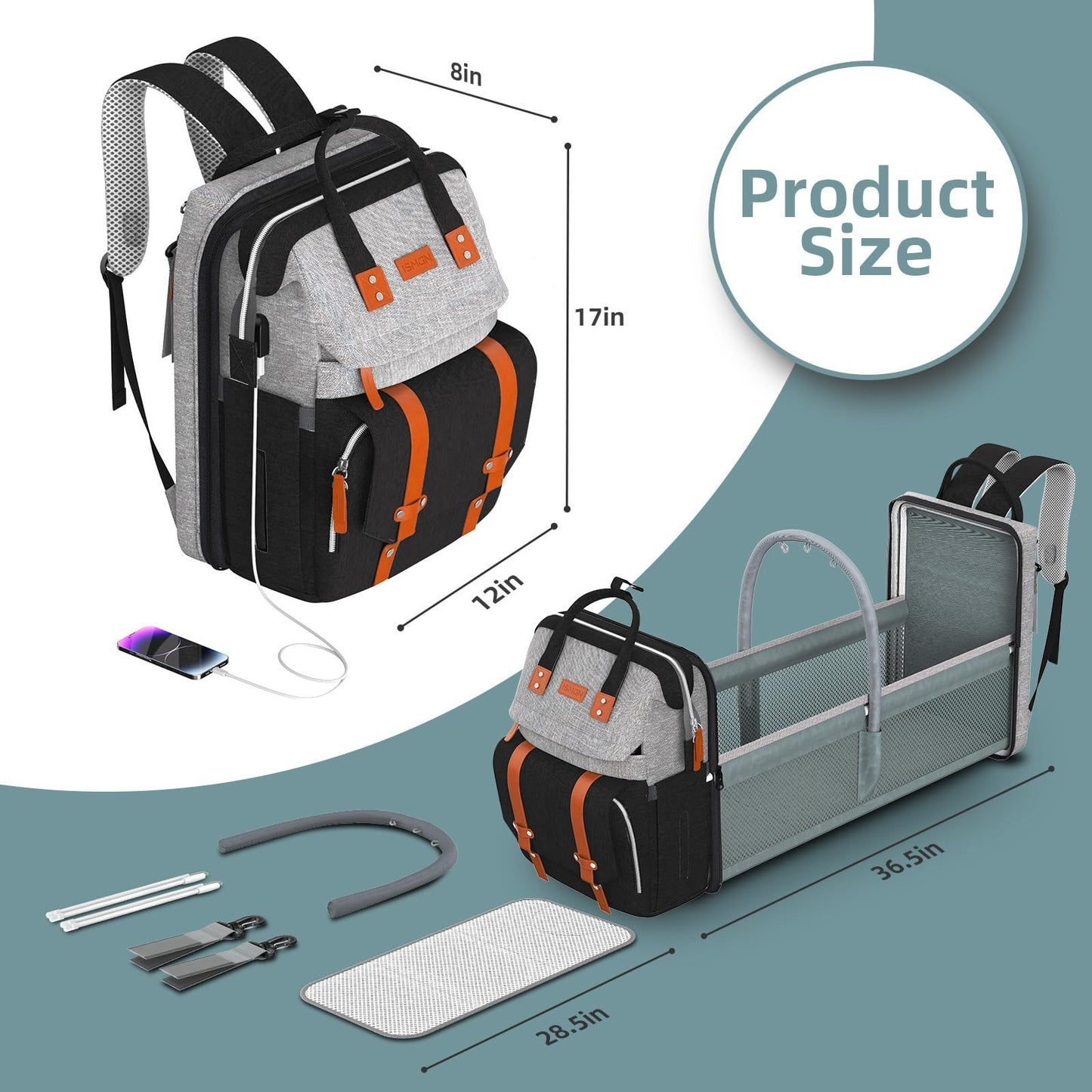 Diaper Bag Backpack with Changing Station   Stylish Baby Diaper Bag, Grey/Black5