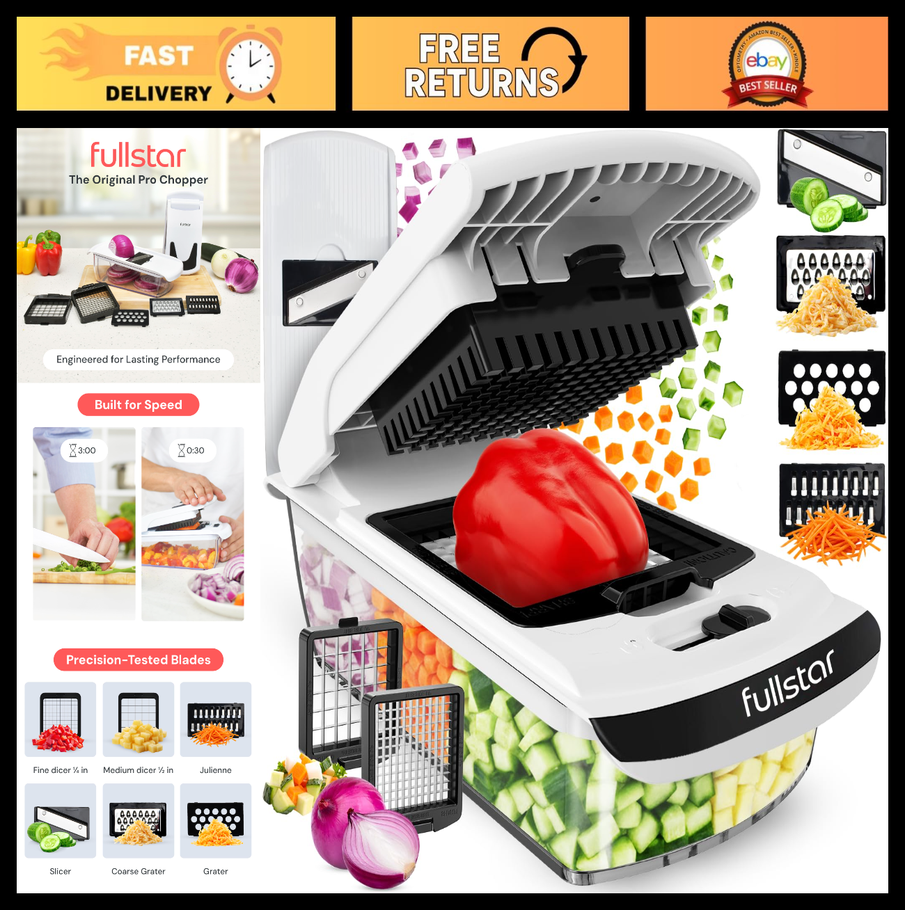 6 in 1 Vegetable Chopper & Mandoline Slicer | Sharp Stainless Steel Blades, Onio0