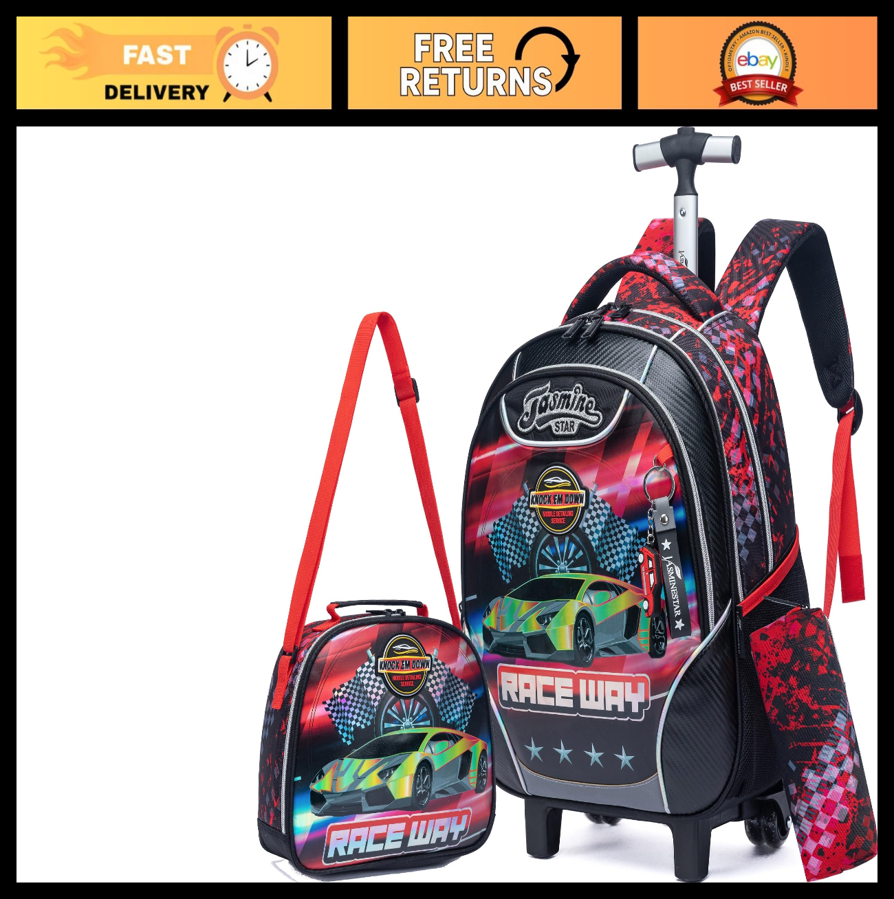 Kids Rolling Backpack with Wheels & Lunch Box   3 in 1 Travel Luggage for Boys 80