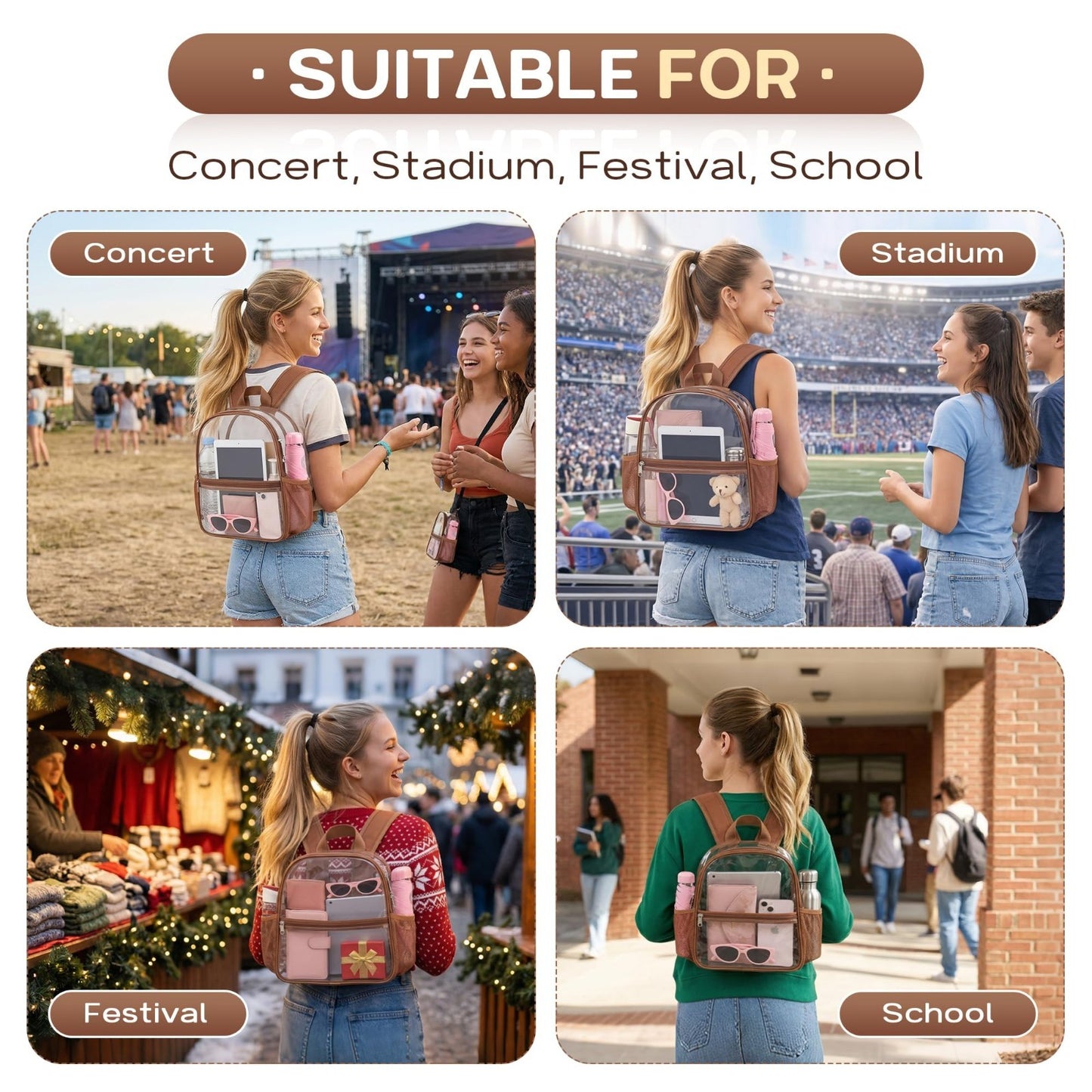 Clear Stadium Backpack - 12x6x12, Durable PVC, 2 Side Pockets, Ideal for Events5