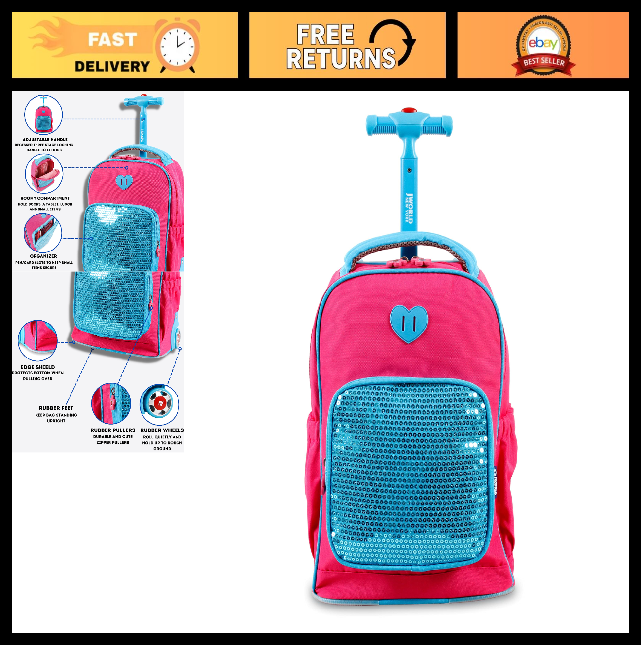 Sparkle Rolling Backpack for Kids   Lightweight, Durable, School Travel Bag0