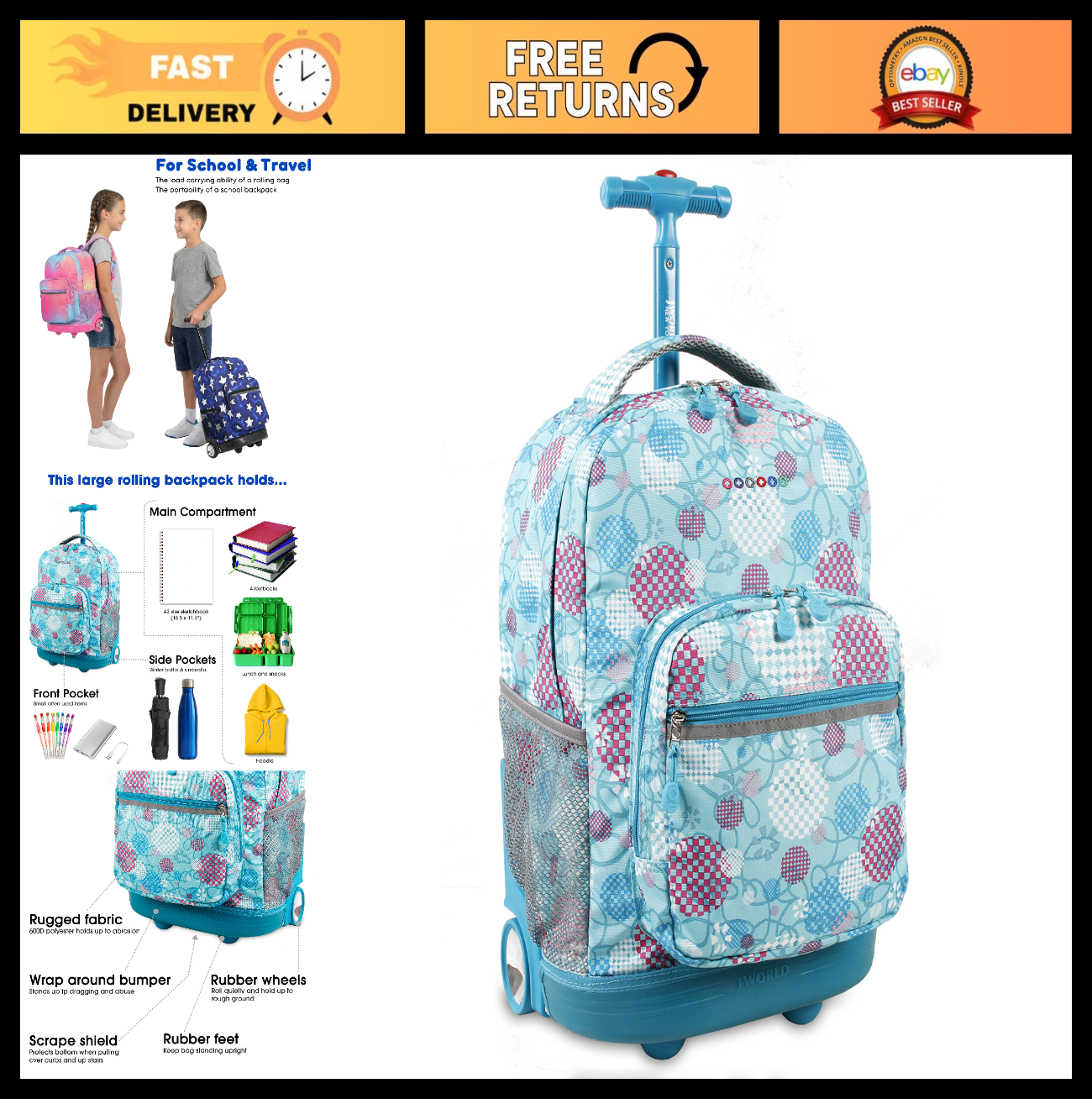 Kids Rolling Backpack with Wheels, School Roller Bookbag for Girls & Boys, 18"x10