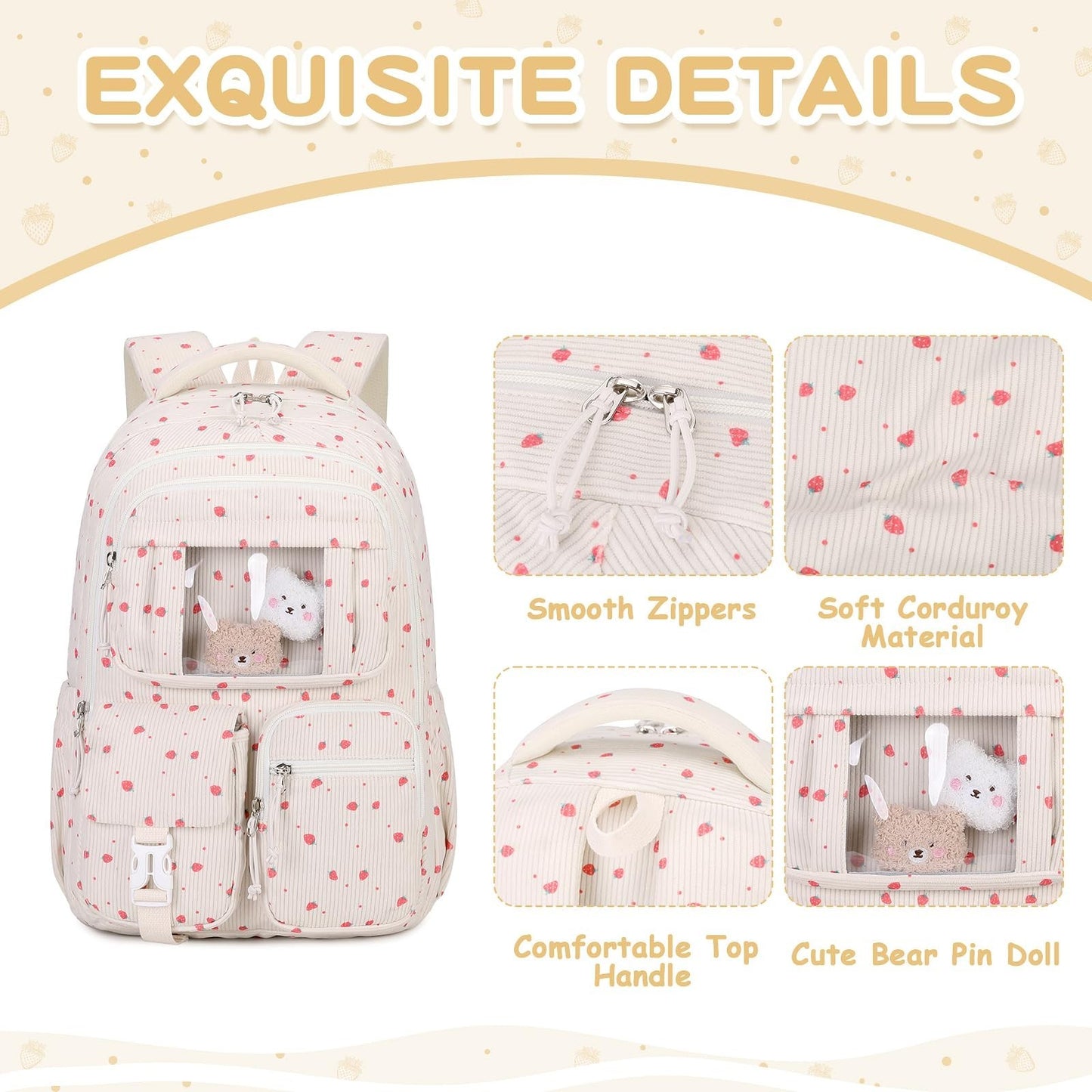 Kawaii Corduroy Backpack for Girls - Cute School Bag for Middle & Elementary Stu3