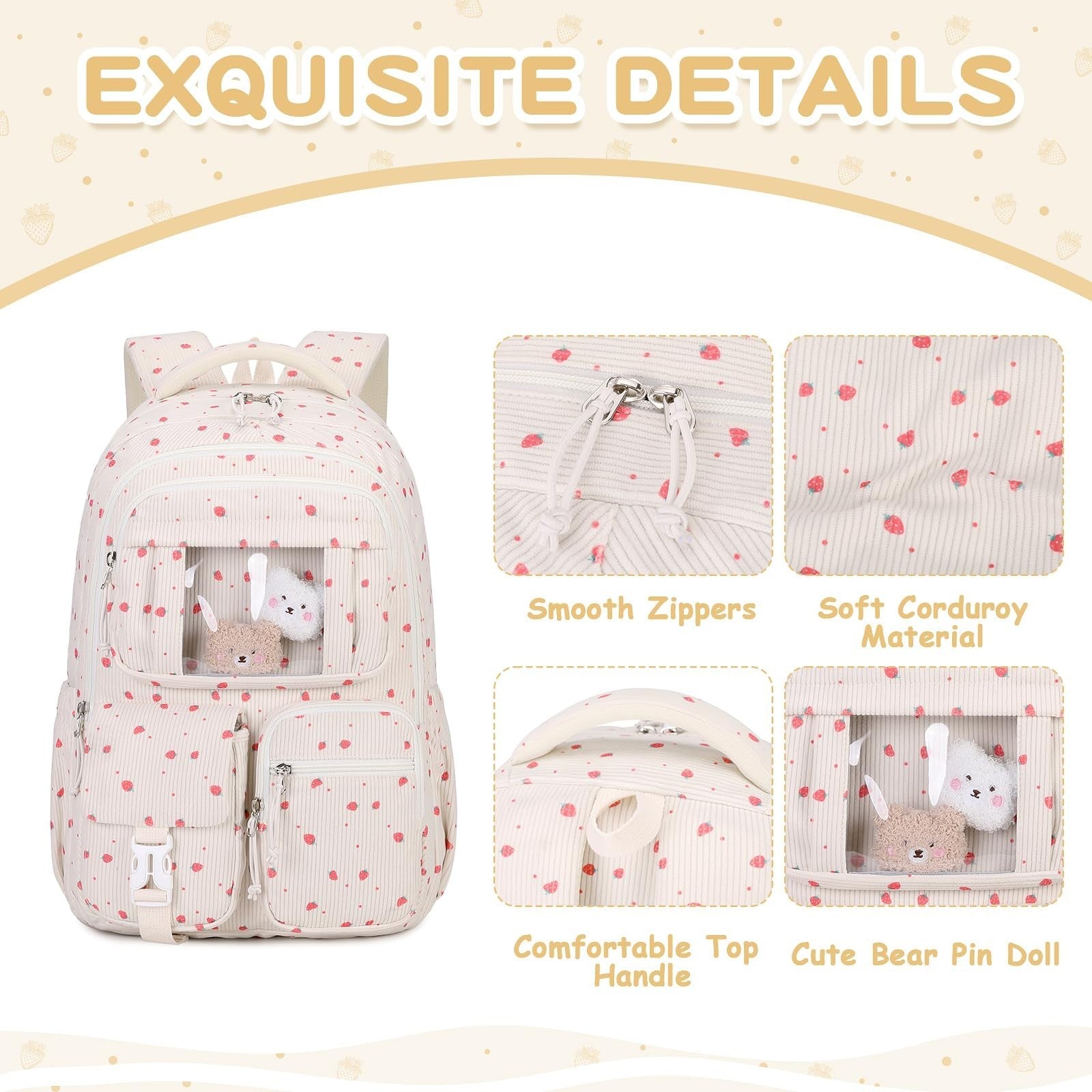 Kawaii Corduroy Backpack for Girls - Cute School Bag for Middle & Elementary Stu3