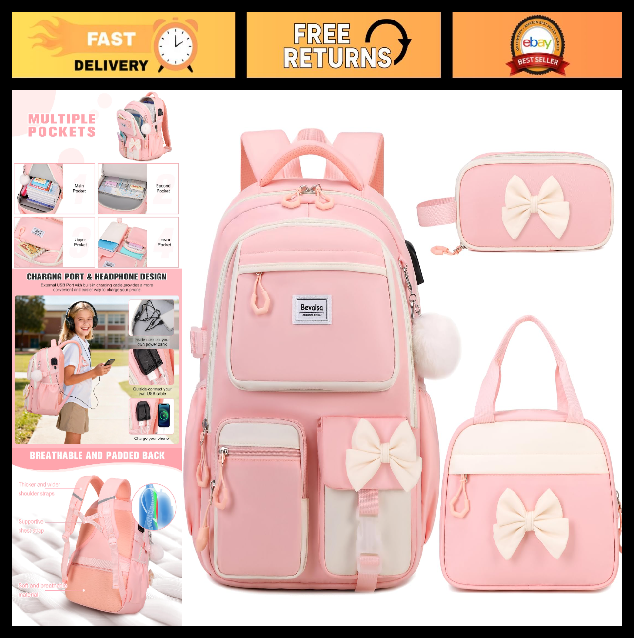 Cute Bow Backpack for Girls   School Bag Set with Lunch Bag & Pen Case0