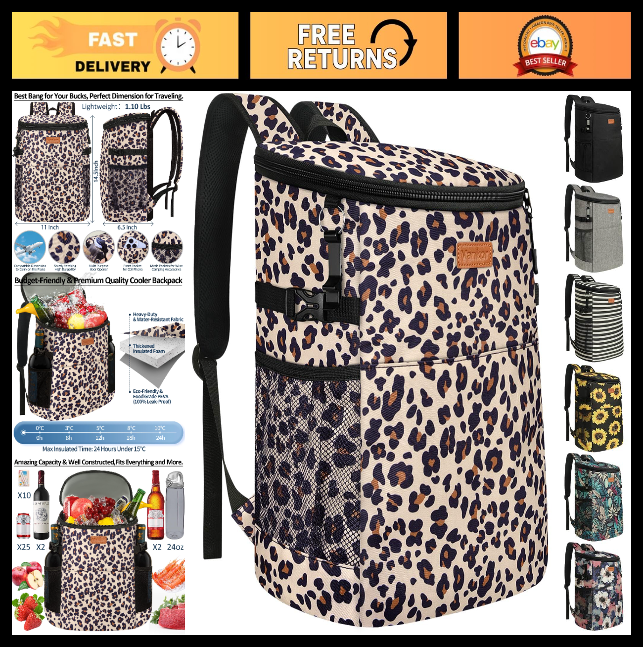 Insulated Camping Cooler Backpack - Holds 30-45 Cans, Waterproof & Leak Proof, P0