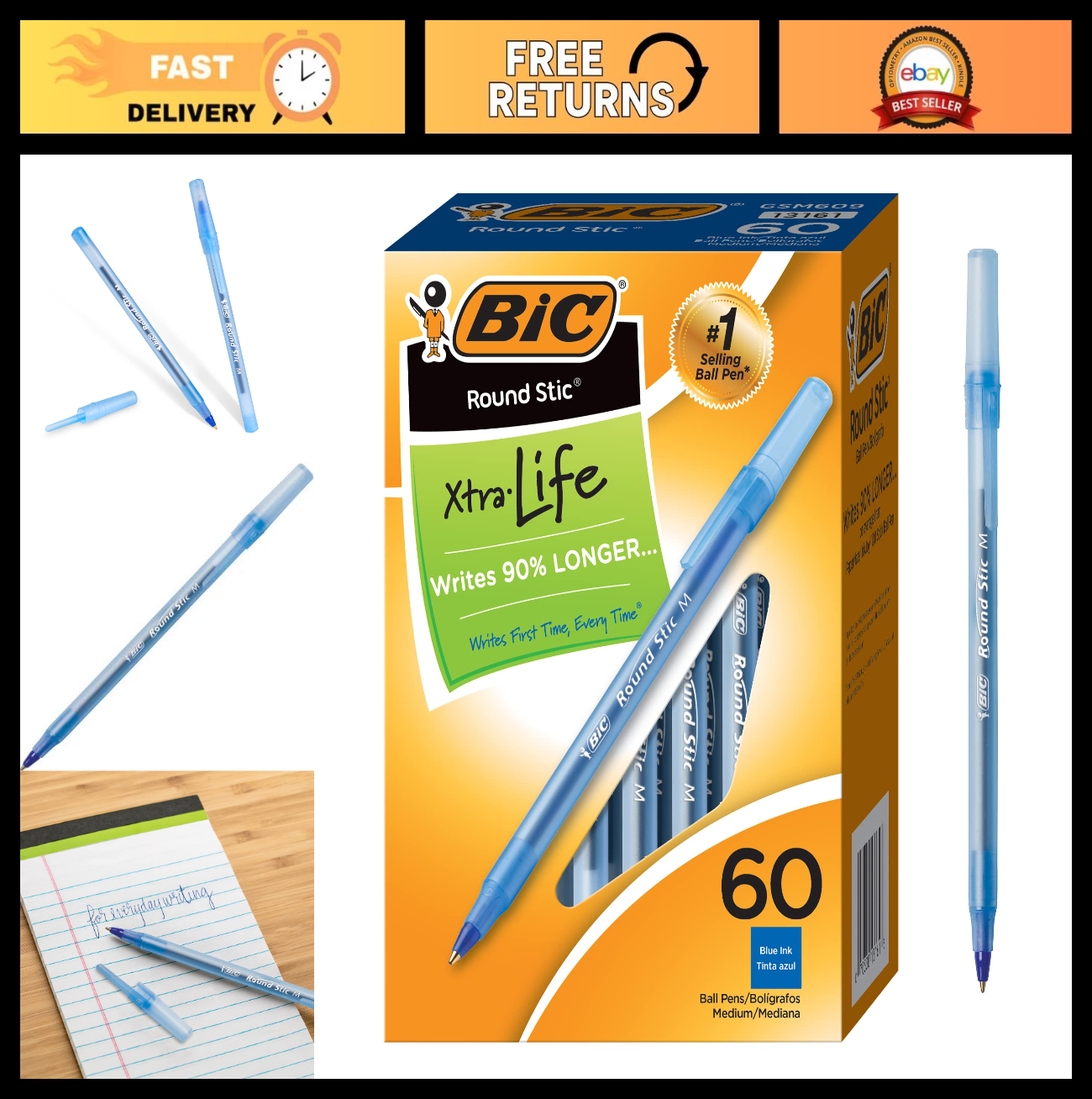 60 Count Blue Ballpoint Pens, 1.0 mm Medium Point, Xtra Life for Smooth Writing0