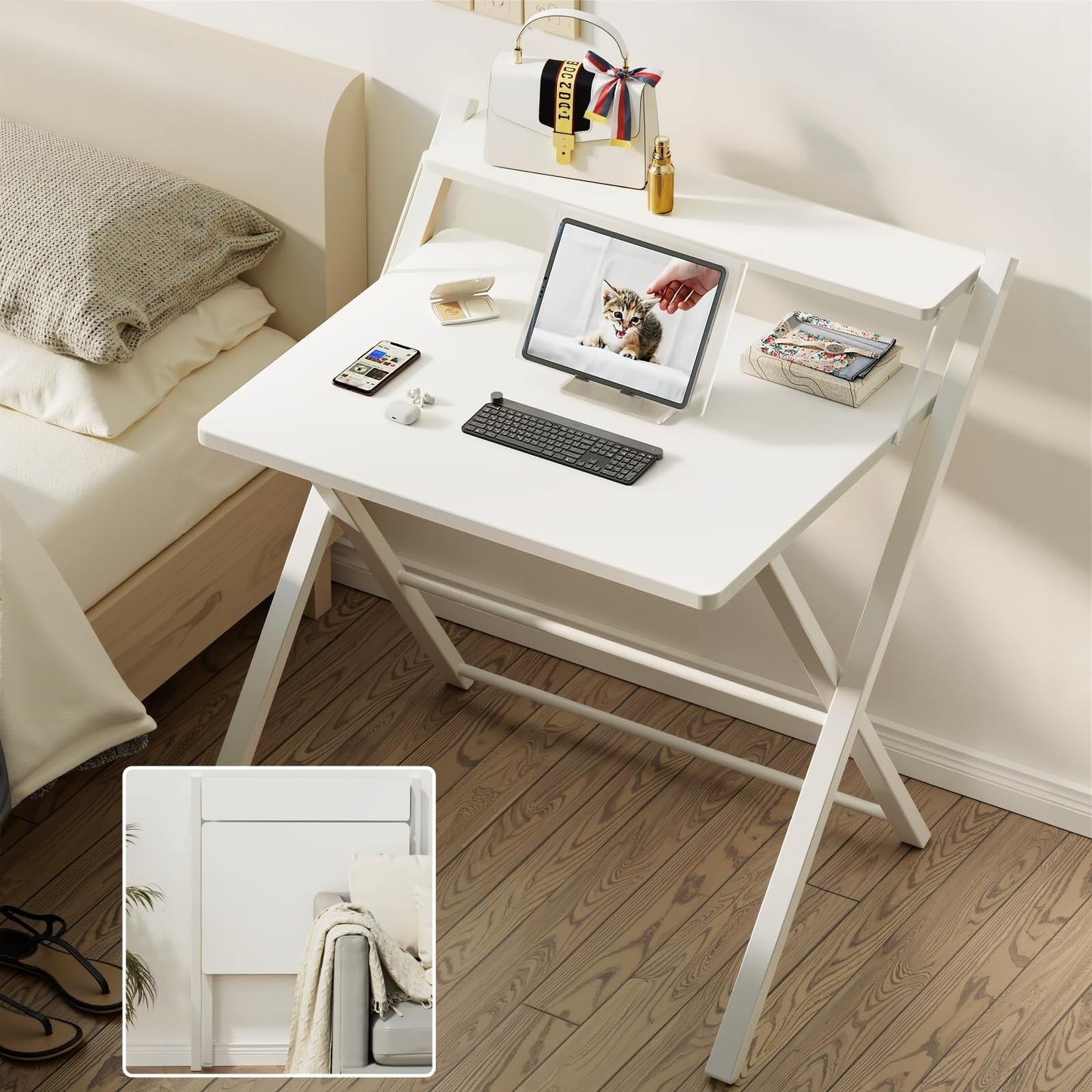 Compact Folding Desk with Shelf - Space-Saving Portable Laptop Table for Home Of6