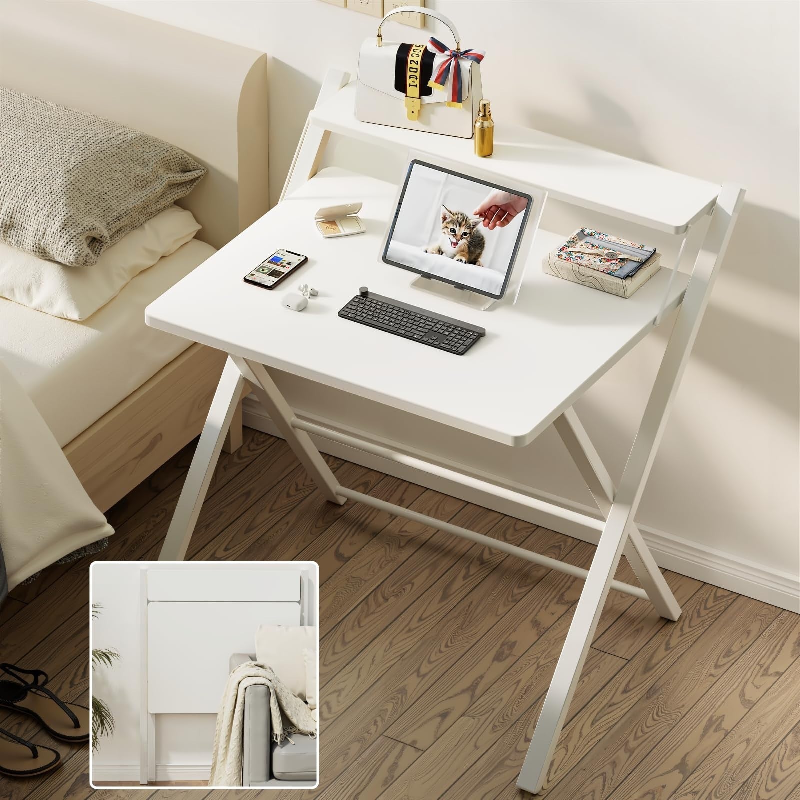 Compact Folding Desk with Shelf - Space-Saving Portable Laptop Table for Home Of6