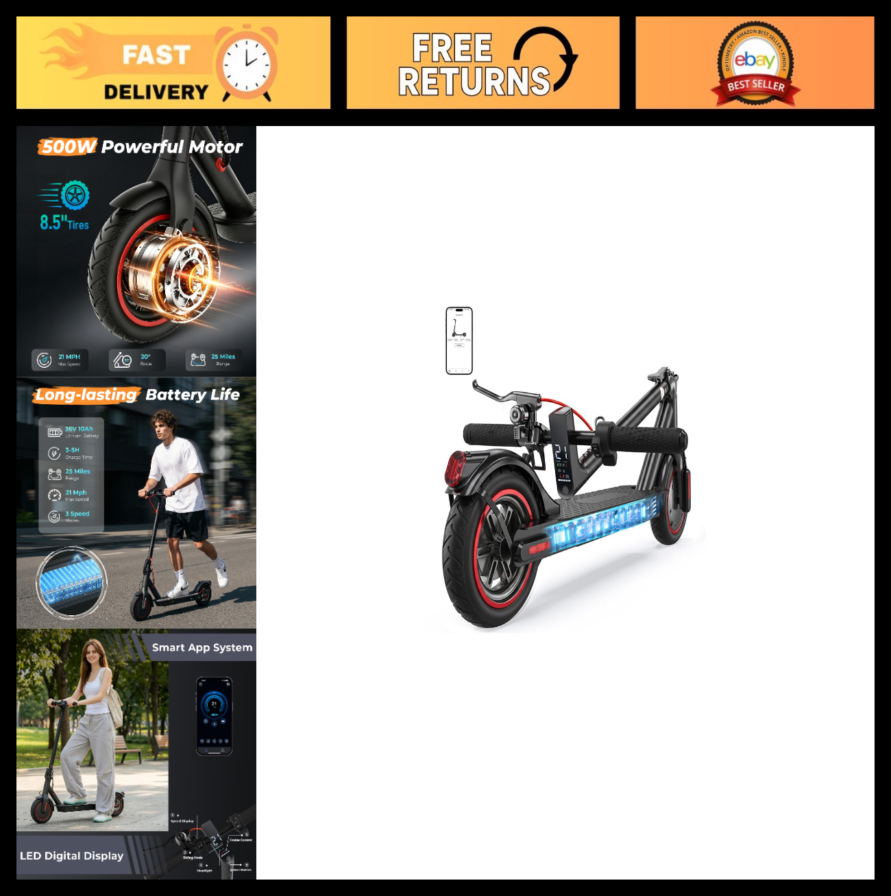 High-Power Electric Scooter for Adults & Teens, 1200W/1000W/500W Motor, 10"/8.5"0