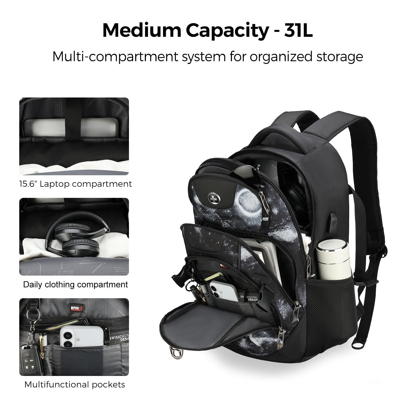 Travel Laptop Backpack with USB Charging Port, Fits 15.6" Computer, 31L, Starry5