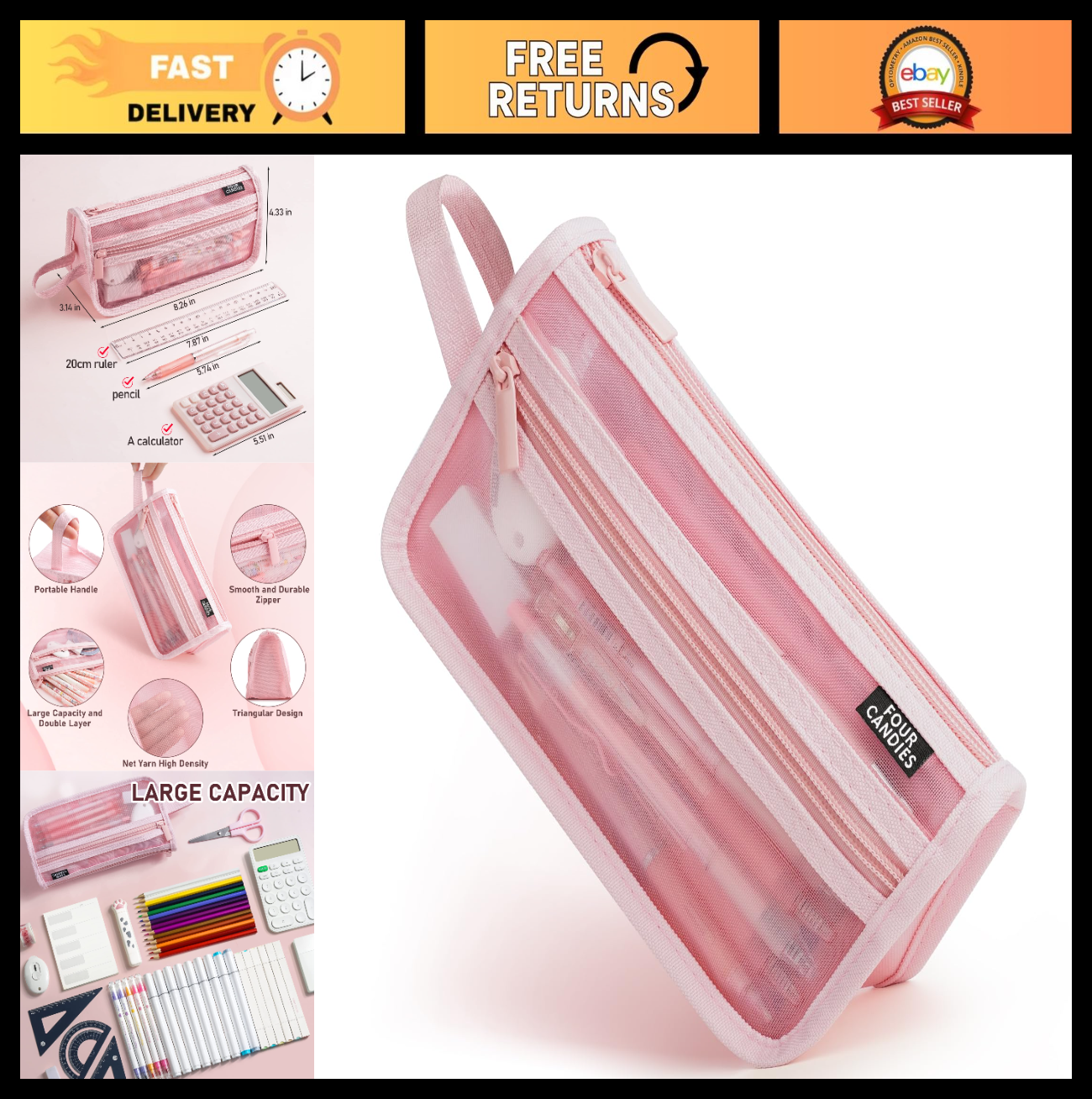 Clear Double Layer Pencil Case with Handle   Four Candies Grid Mesh, Pink0