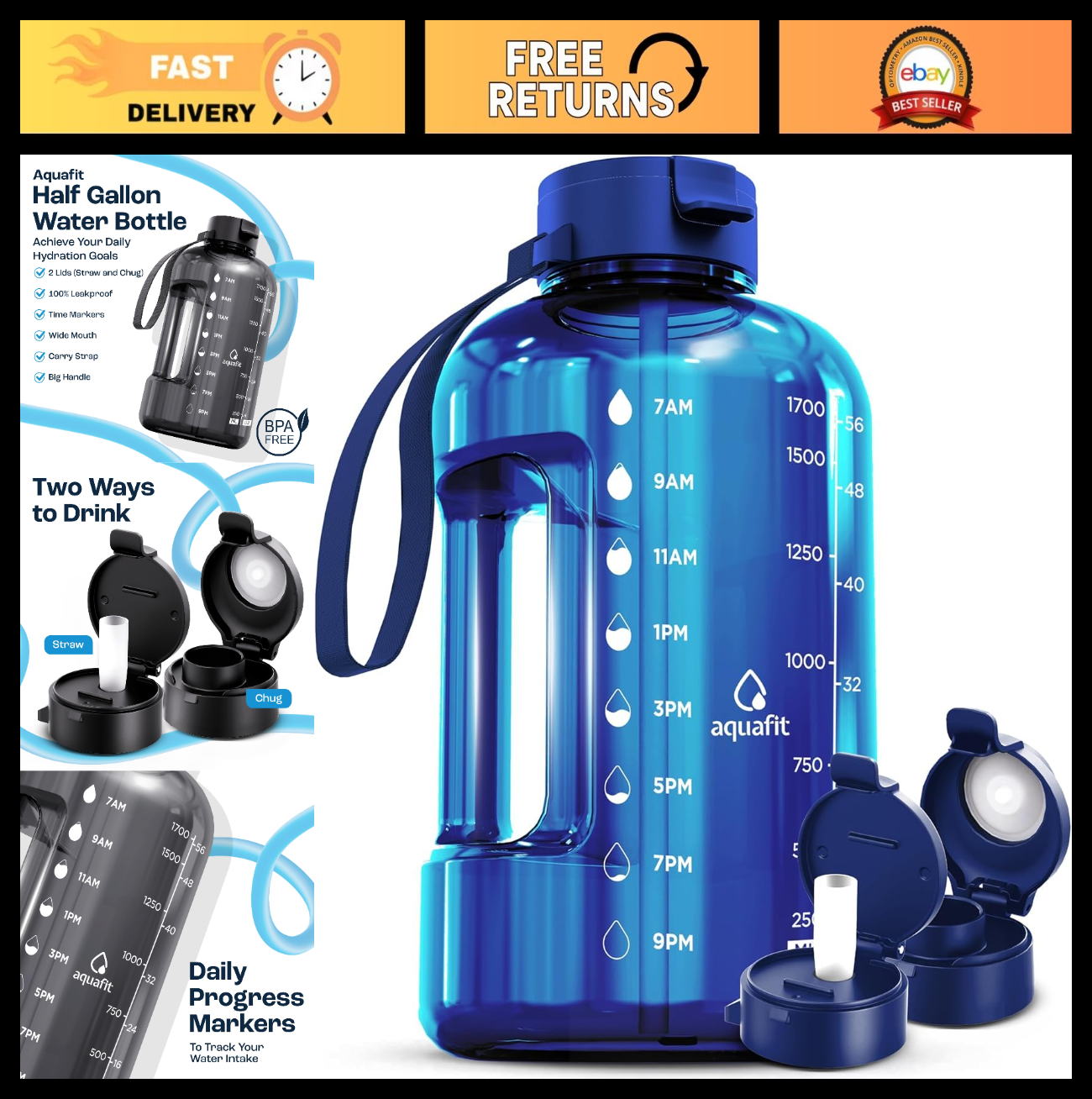 64 oz Water Bottle with Time Marker - BPA Free Gym Jug with Straw & Handle0