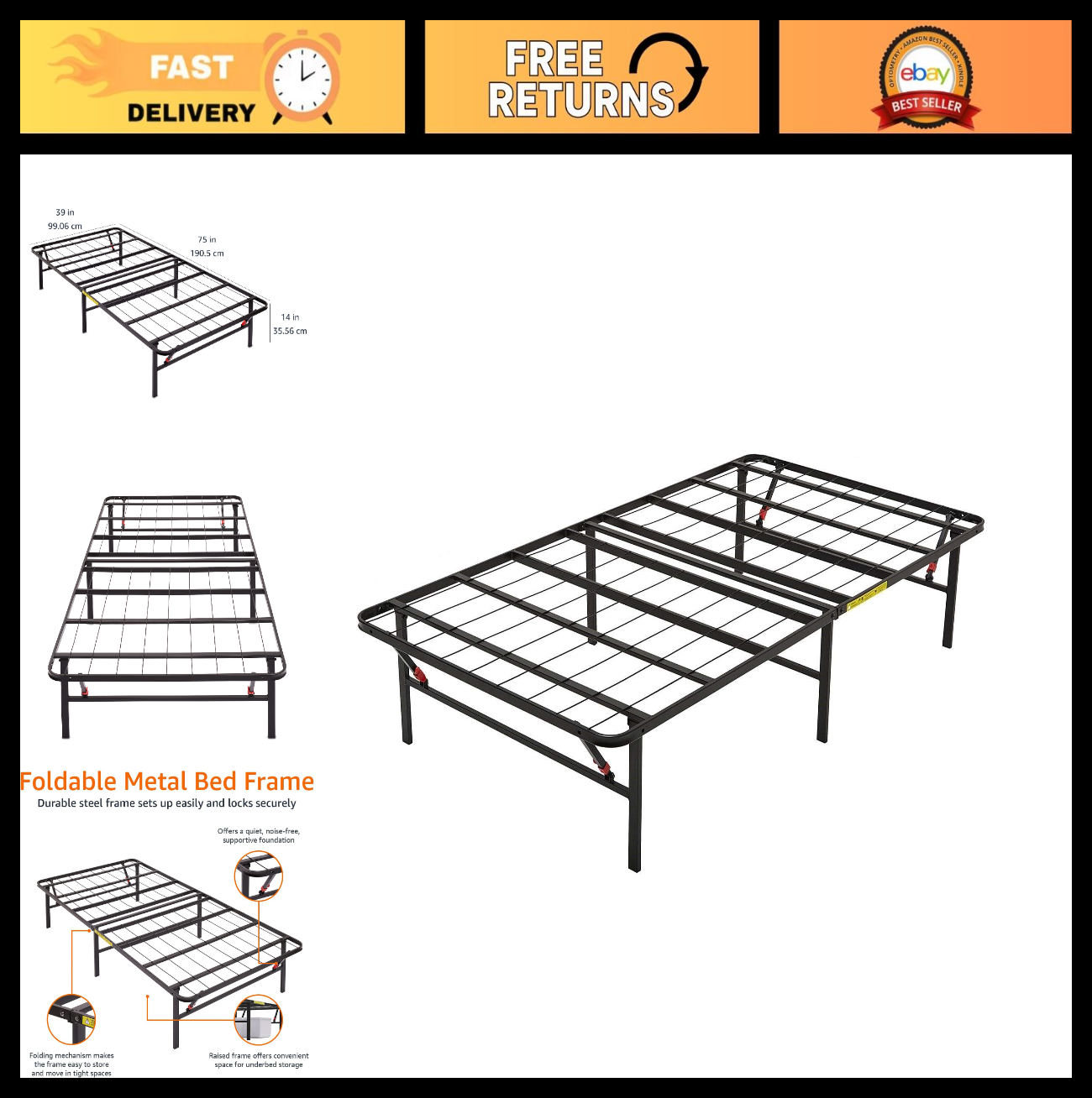 Foldable Metal Platform Bed Frame, Twin Size, Sturdy Steel Support, No Box Sprin0