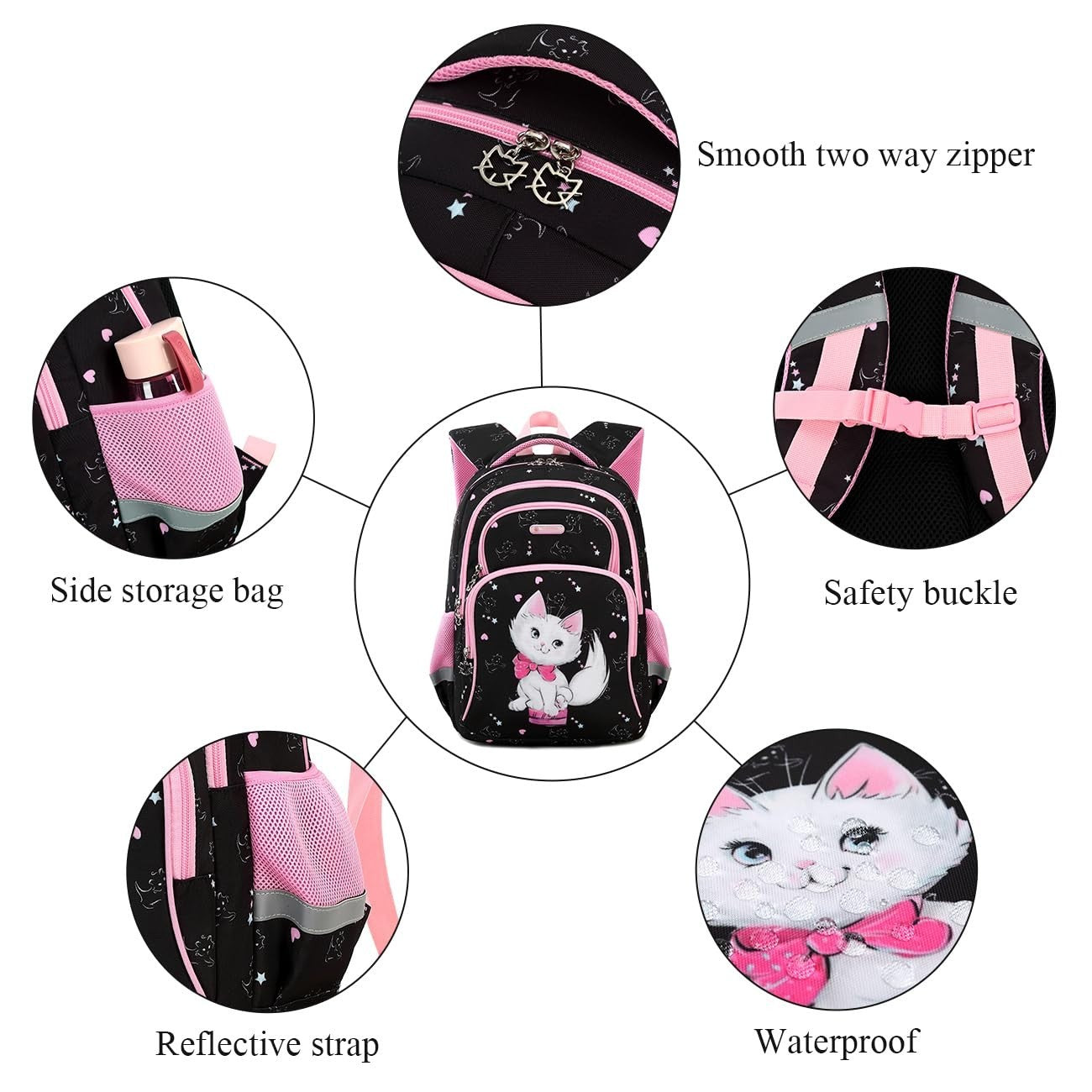 Girls' 16" Cat Print School Backpack for Kids Ages 6 10, Cute Bookbag for Elemen5