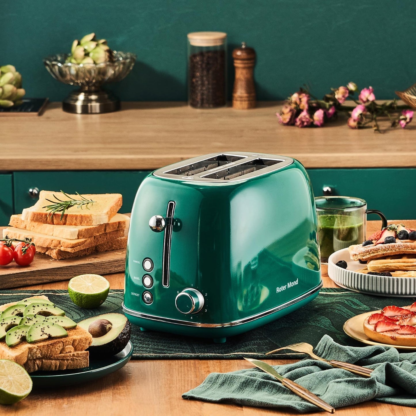 Retro Stainless Steel 2 Slice Toaster with Bagel, Cancel, Defrost, 6 Shade Setti2