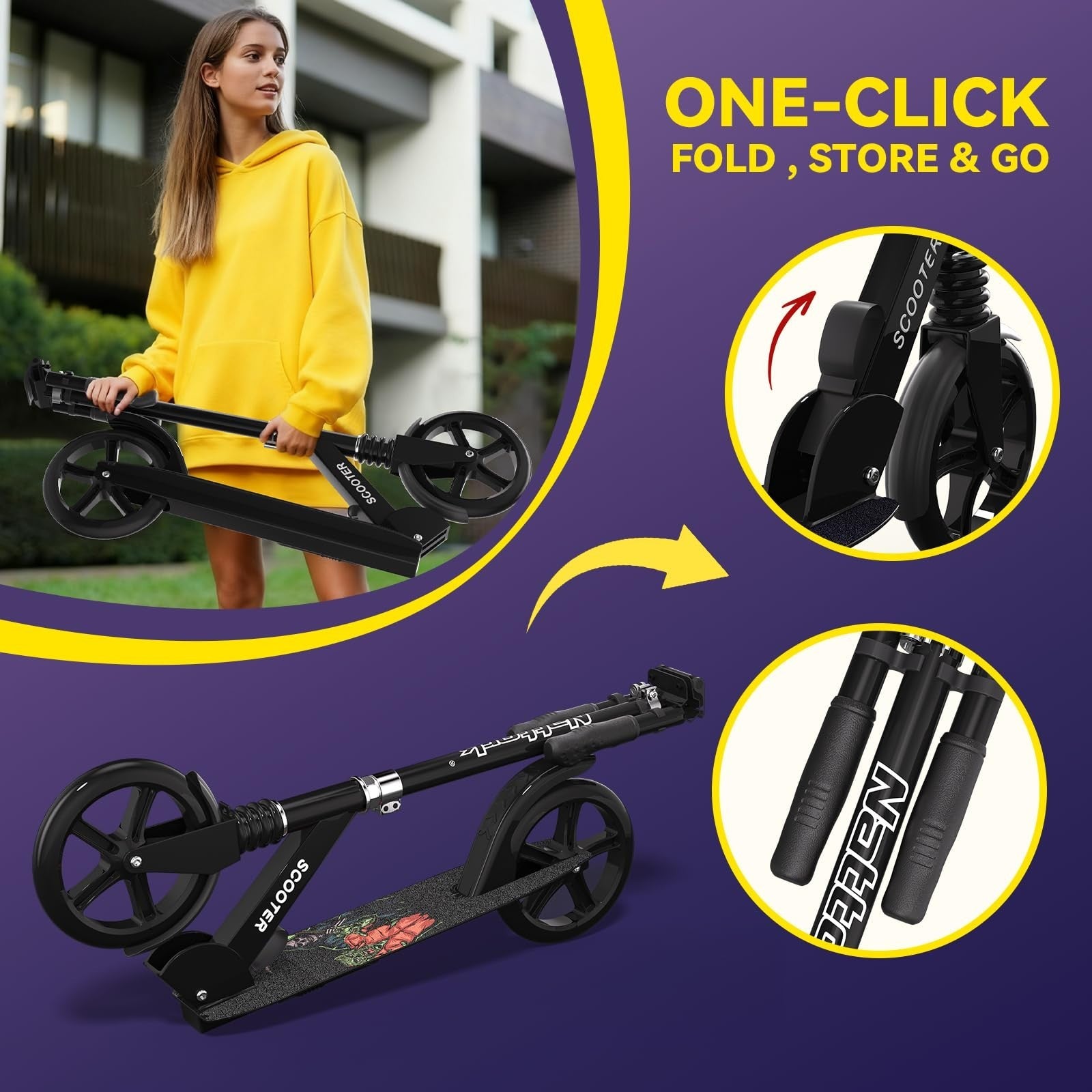 Adjustable Kick Scooter for Kids & Teens, Max Load 240 LBS, Foldable, 8" Wheels,5