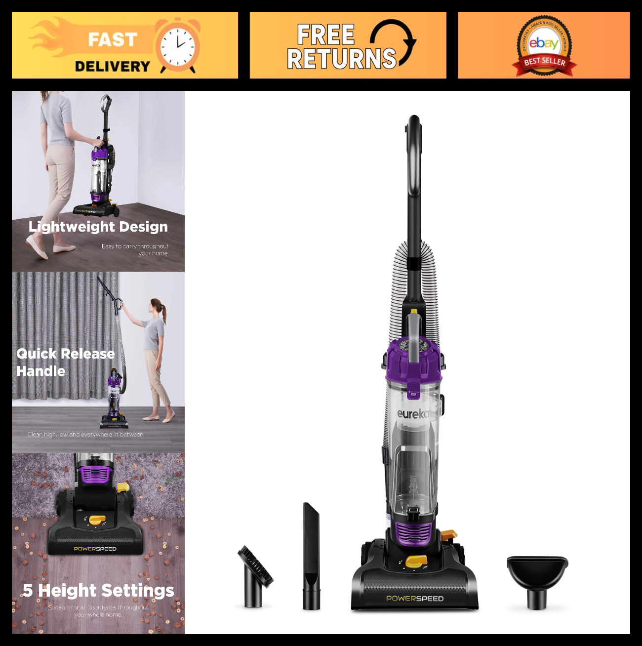 Bagless Upright Vacuum Cleaner - 5-Height Brush Roll, 12.6" Cleaning Path, Pet H0