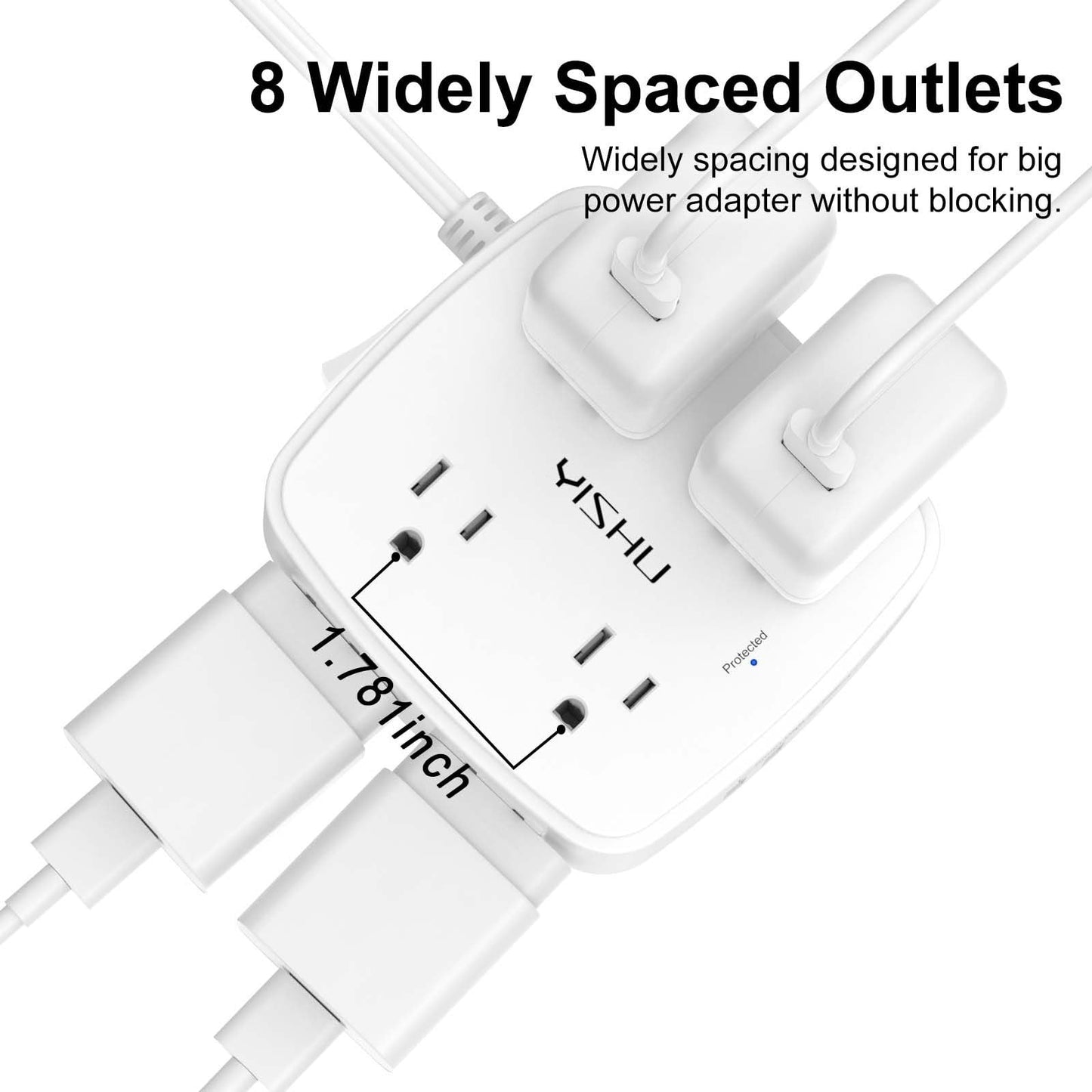 10 Ft Surge Protector Power Strip   8 Outlet Power Hub, 4 USB Ports, Flat Cord,3