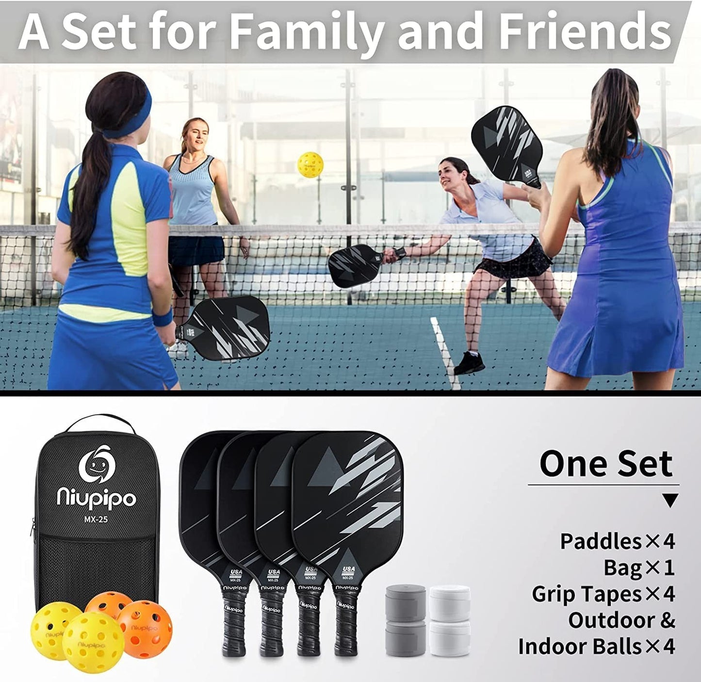 Pickleball Paddle Set of 2 or 4 - USAPA Approved, Fiberglass, Lightweight, with5
