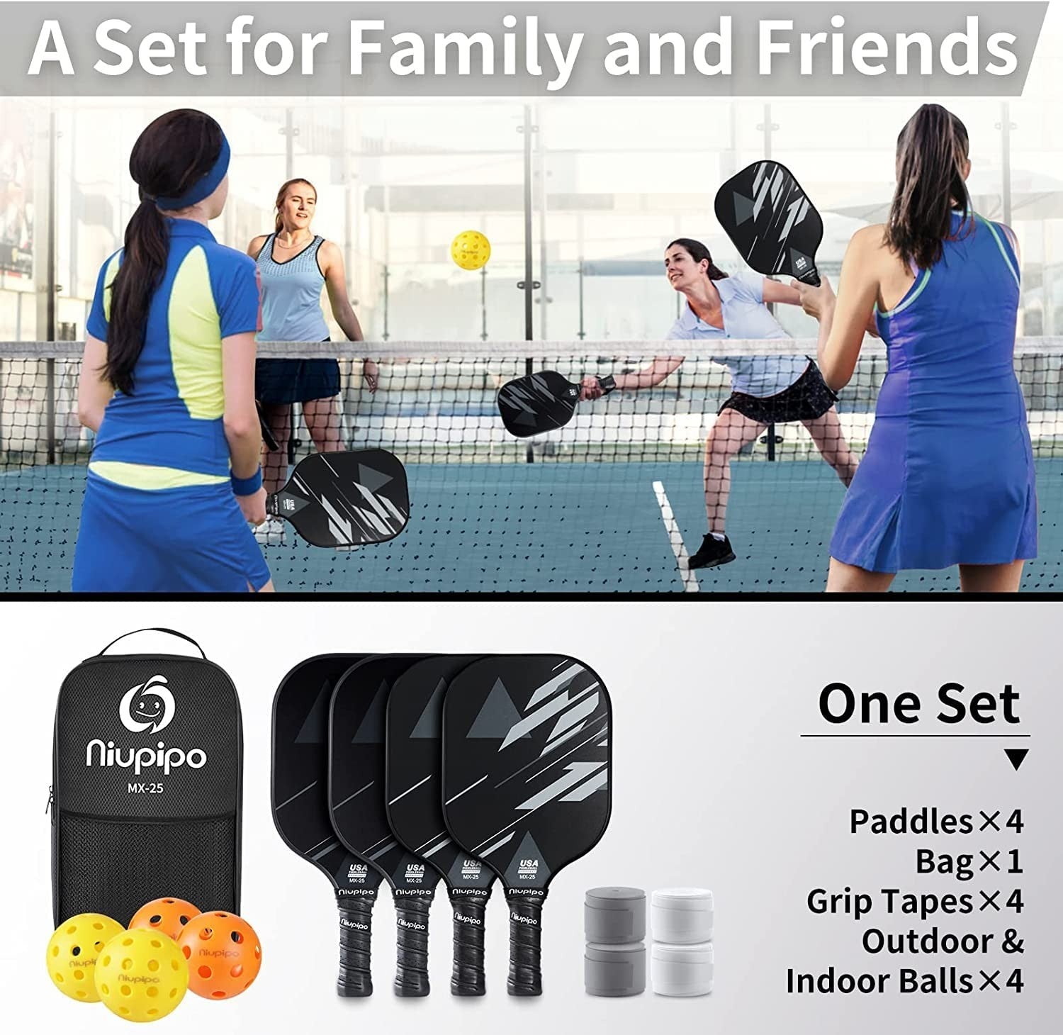 Pickleball Paddle Set of 2 or 4 - USAPA Approved, Fiberglass, Lightweight, with5