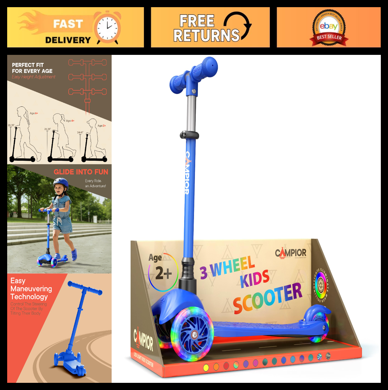 Mini 3-Wheel Kids Scooter - Lean-to-Steer, LED Light-Up Wheels, Adjustable Handl0