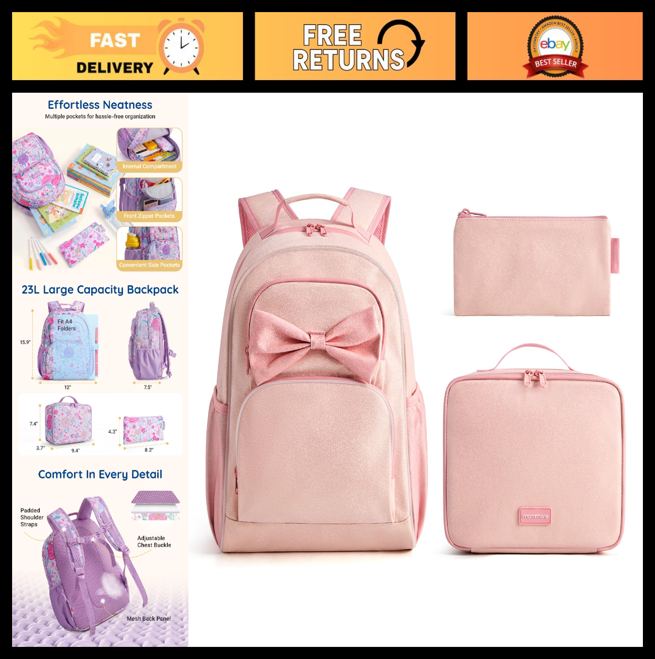 Kids Backpack Set 3PCS for School, Large Capacity 23L, Lightweight, Water-Resist0