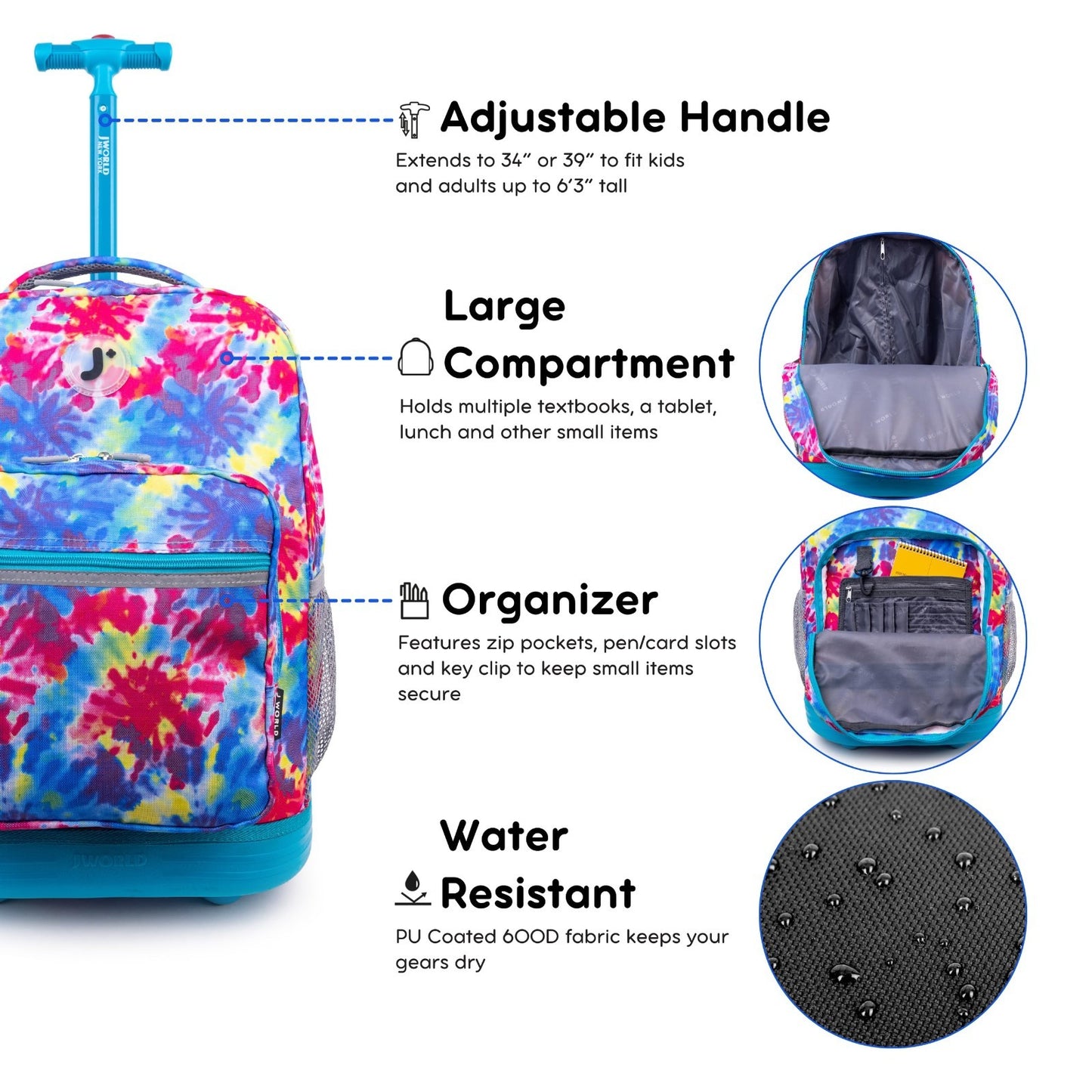 Kids Rolling Backpack with Wheels, Tie Dye School Bookbag for Girls & Boys, 18"x5