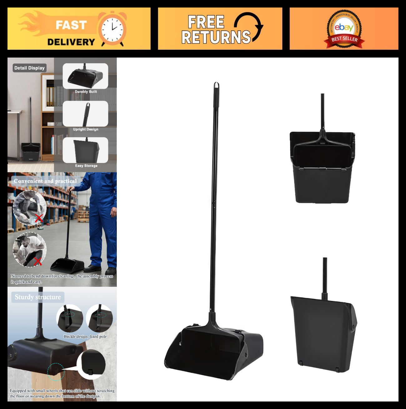 Upright Dustpan with Long Handle & Wheels, Heavy Duty, Large Capacity for Home &0